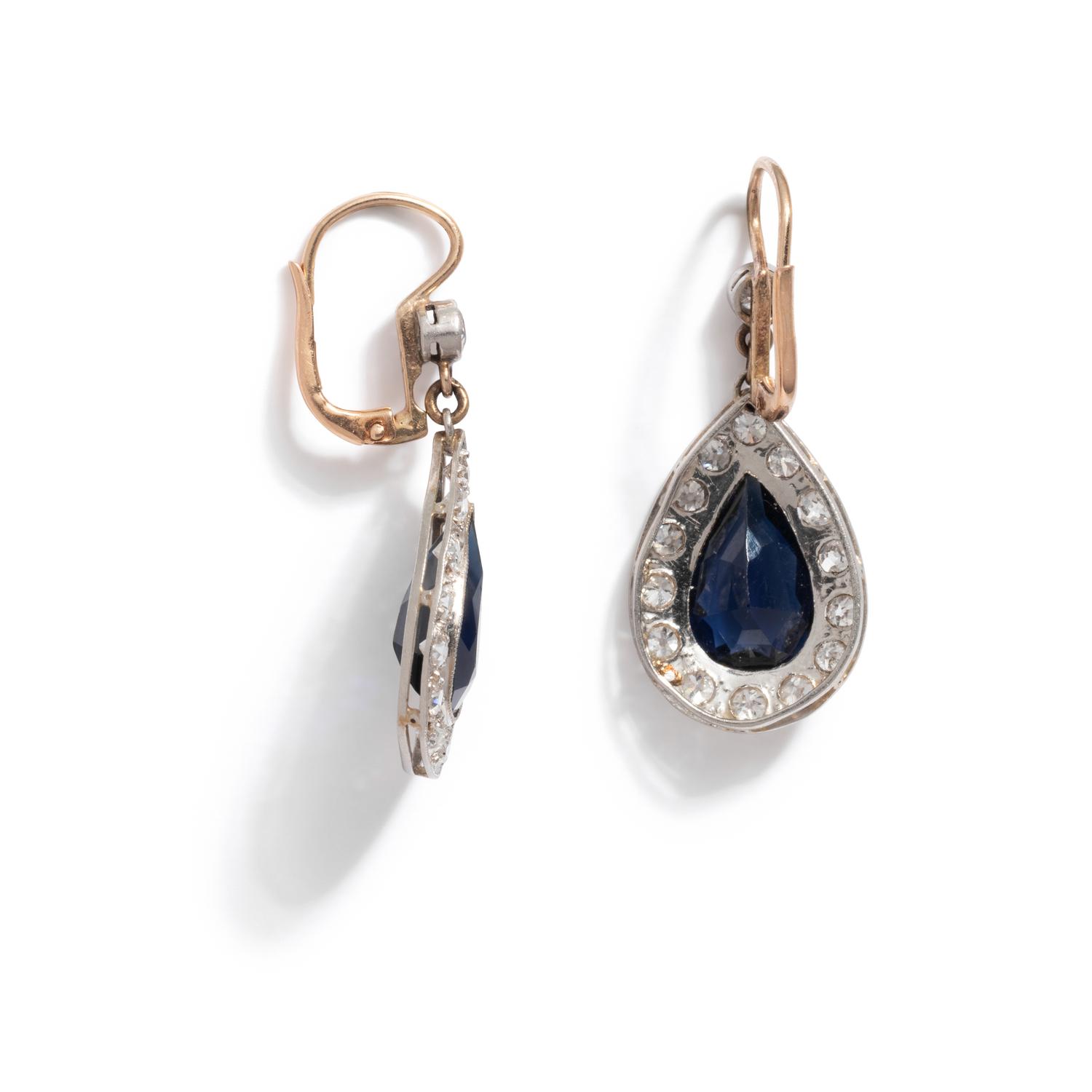 ANTIQUE, BLUE GLASS AND DIAMOND EARRINGS
