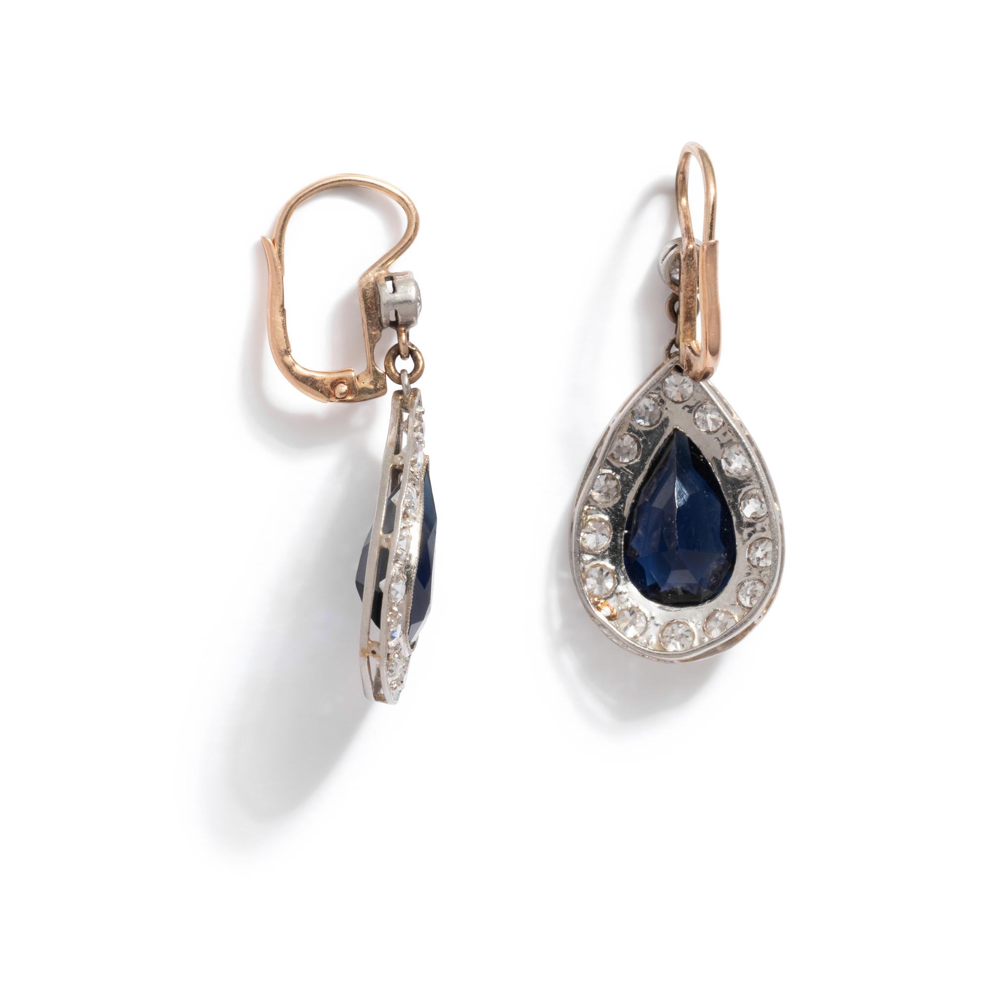 ANTIQUE, BLUE GLASS AND DIAMOND EARRINGS