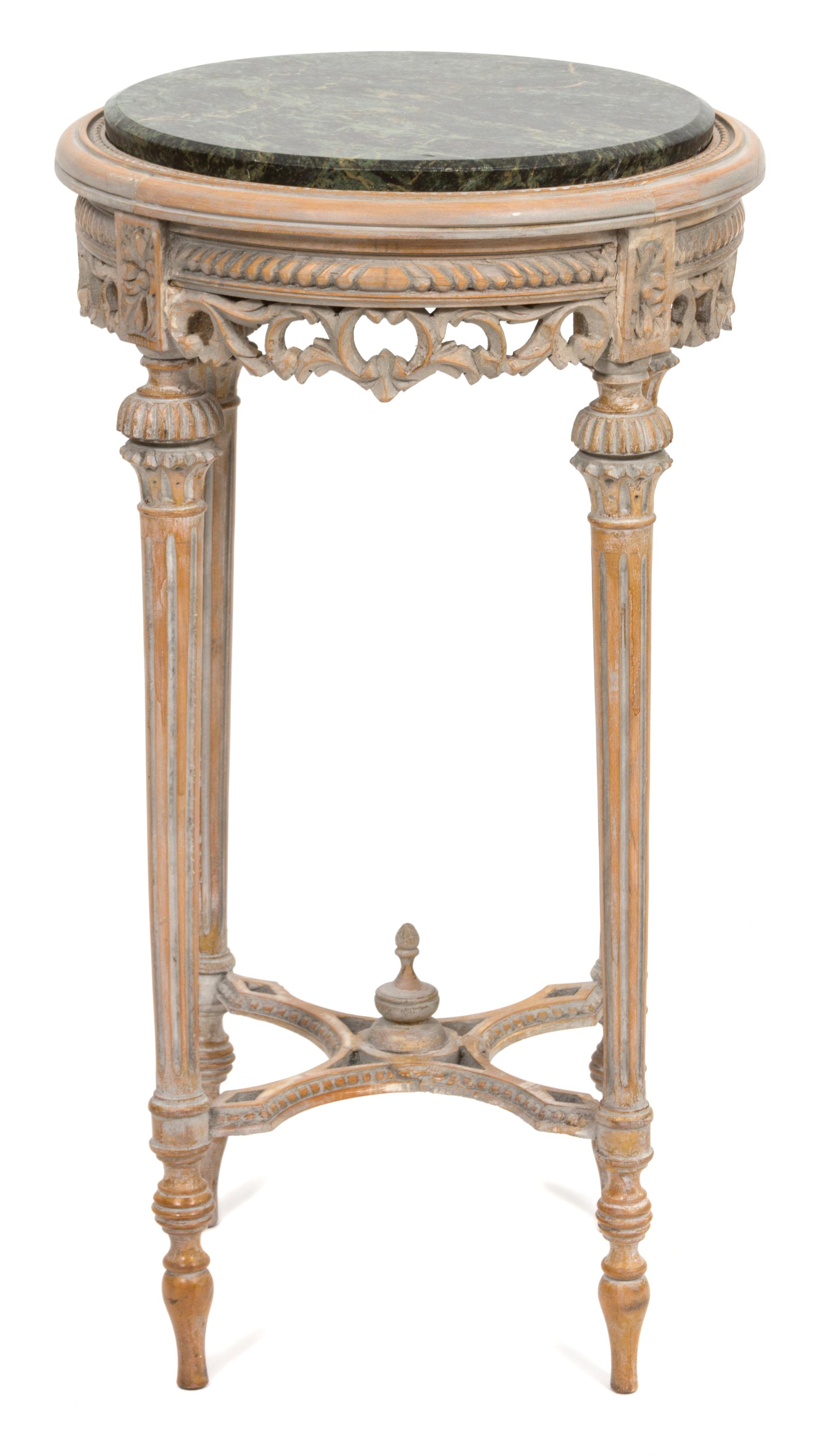 A Louis XVI Style Marble Top Fruitwood Gueridon Height 28 x diameter 15 3/4 inches. — 19TH CENTURY