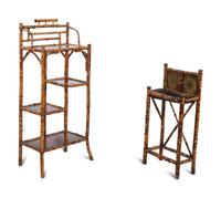 A Victorian Style Burnt Bamboo Octagonal Table, Umbrella Stand, and Etagere — 19TH/20TH CENTURY