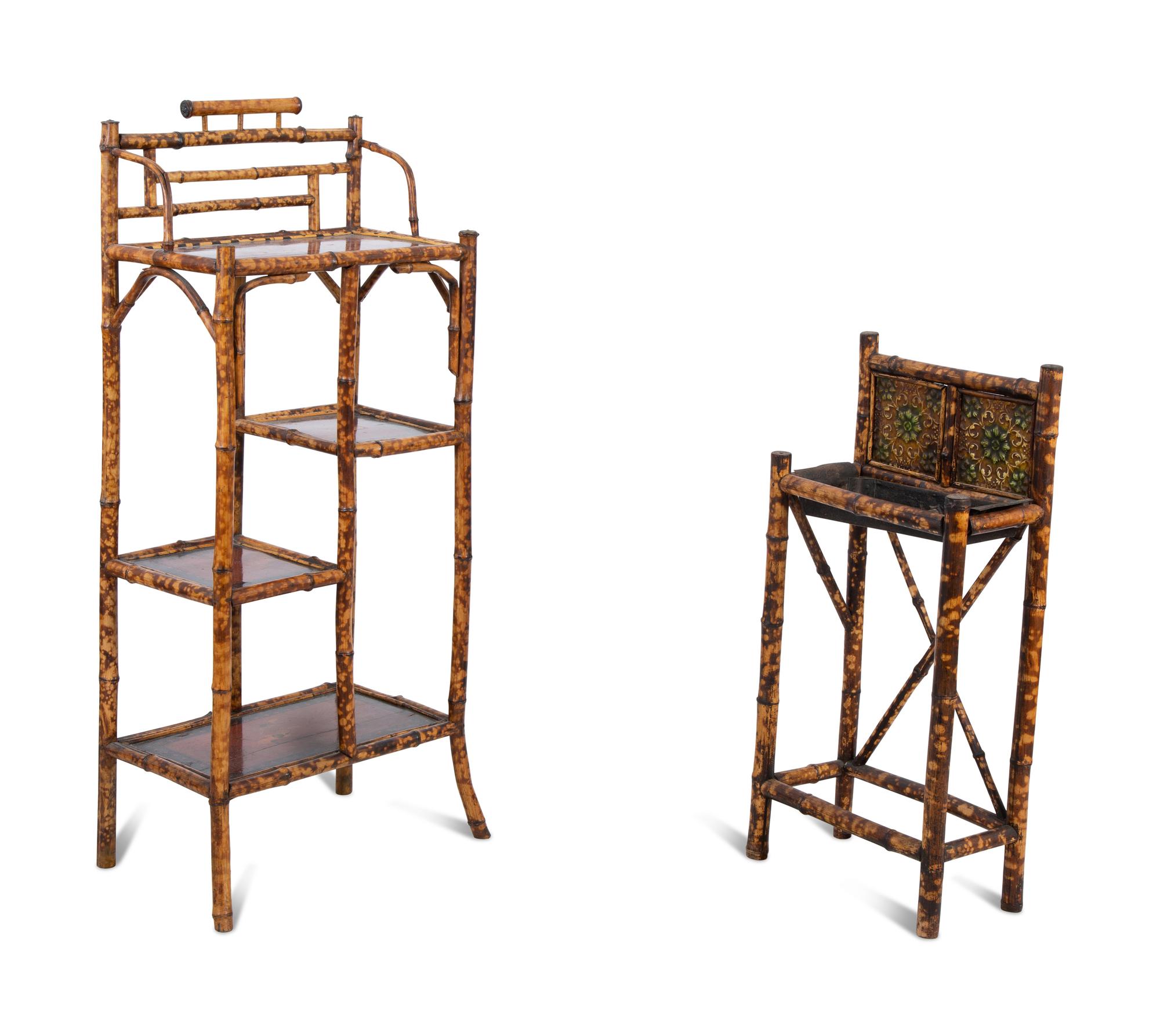 A Victorian Style Burnt Bamboo Octagonal Table, Umbrella Stand, and Etagere — 19TH/20TH CENTURY