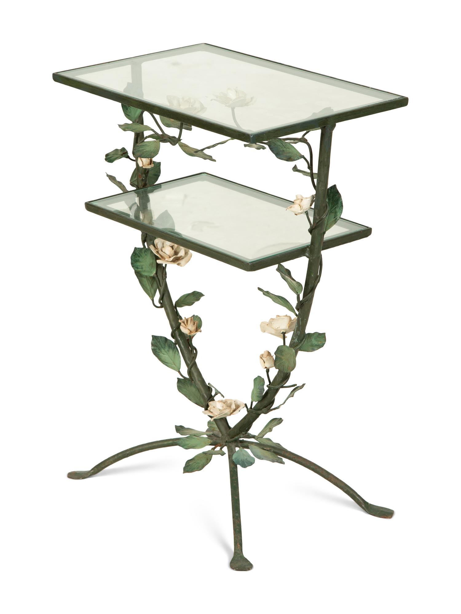 A Tole Peinte Two-Tiered Glass Accent Table