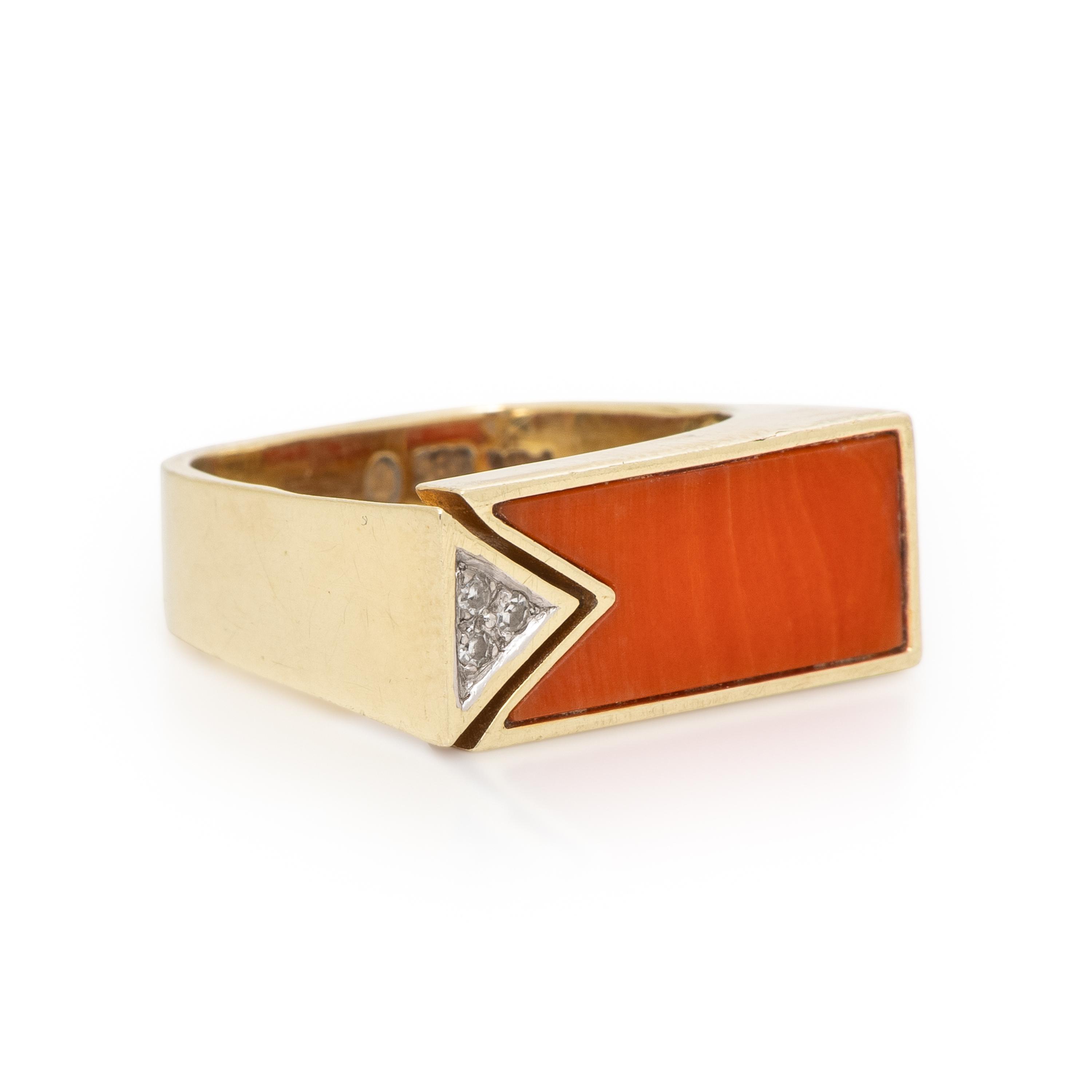 Coral, Diamond, and Yellow Gold Ring