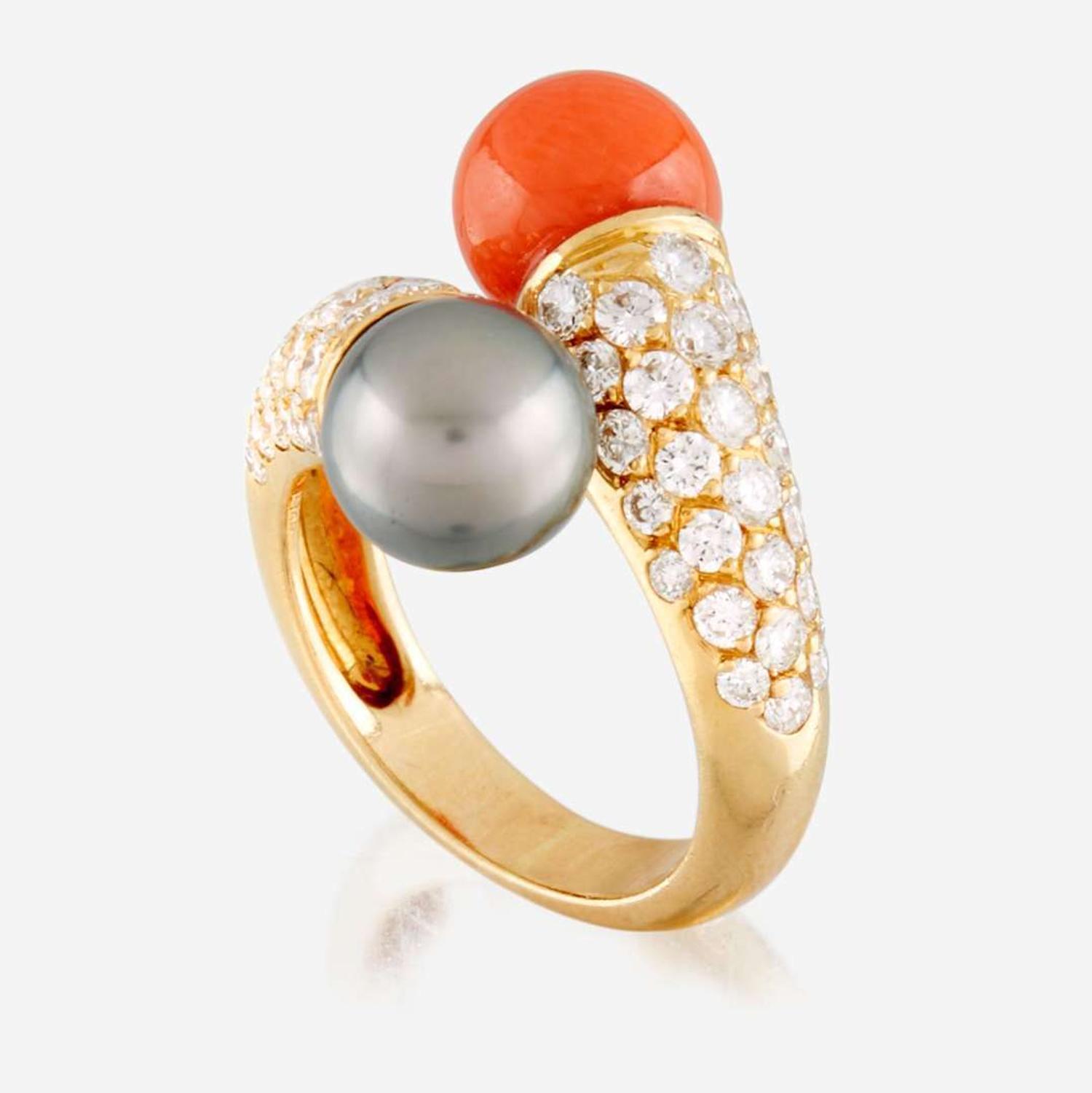 A coral, Tahitian black cultured pearl, diamond, and gold ring, Van Cleef & Arpels