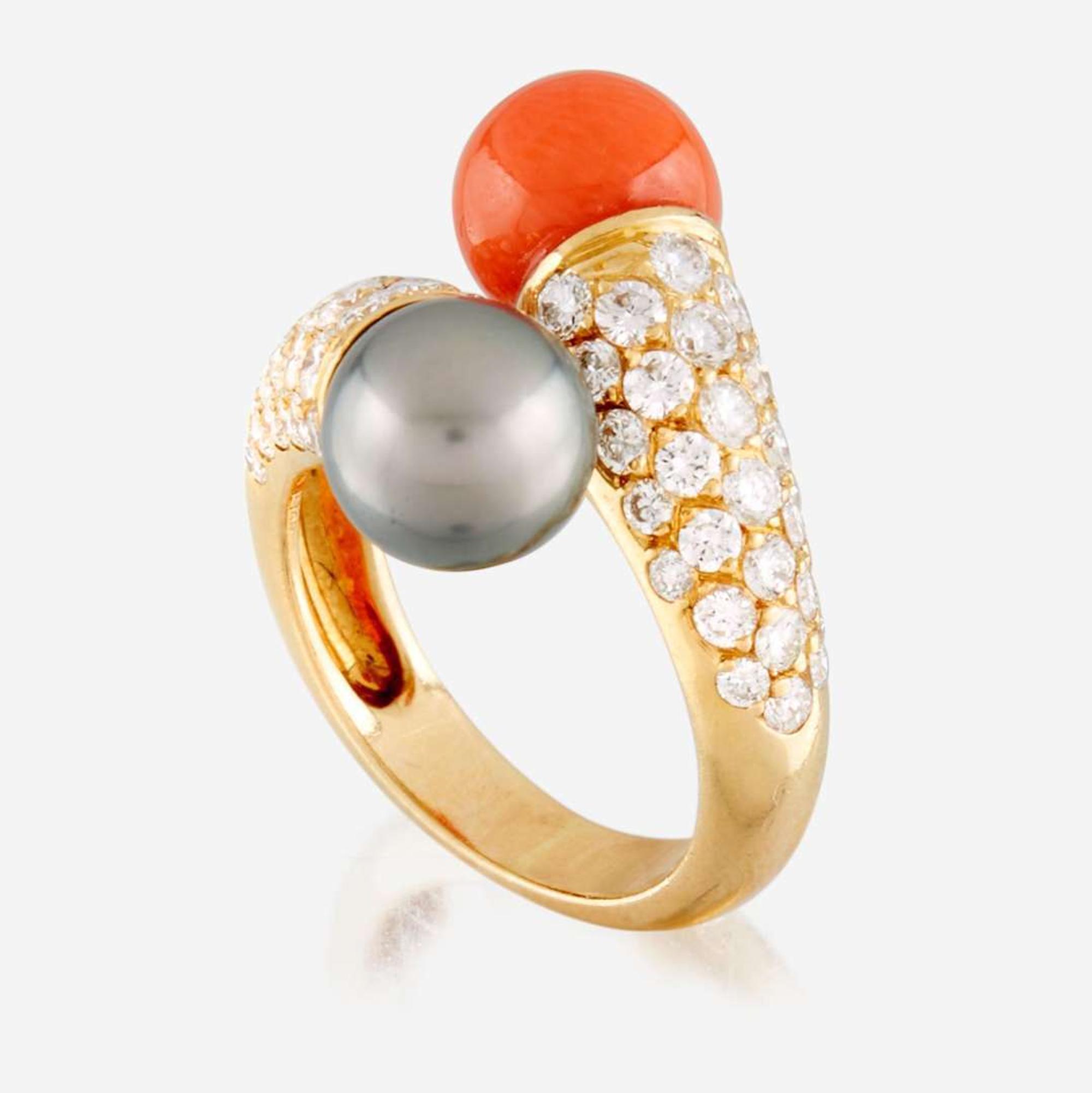 A coral, Tahitian black cultured pearl, diamond, and gold ring, Van Cleef & Arpels