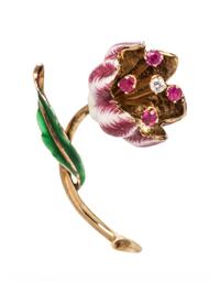 A Vintage 14 Karat Yellow Gold, Diamond, Ruby and Polychrome Enamel Flower Brooch, Cartier,