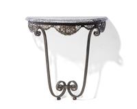 A French Art Deco iron console table with Grand antique marble top, circa 1930