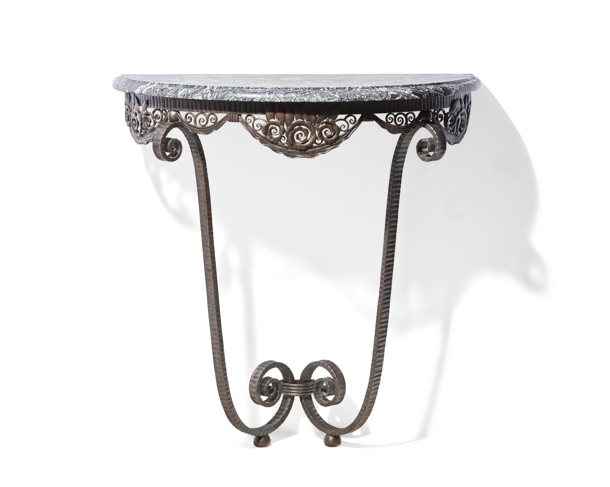 A French Art Deco iron console table with Grand antique marble top, circa 1930