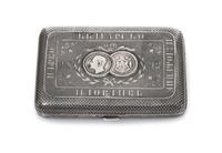 A Russian Niello Silver Cigarette Case, Late 19th century, the lid centered with two Bulgarian silver lev coins beneath a coronet, furt