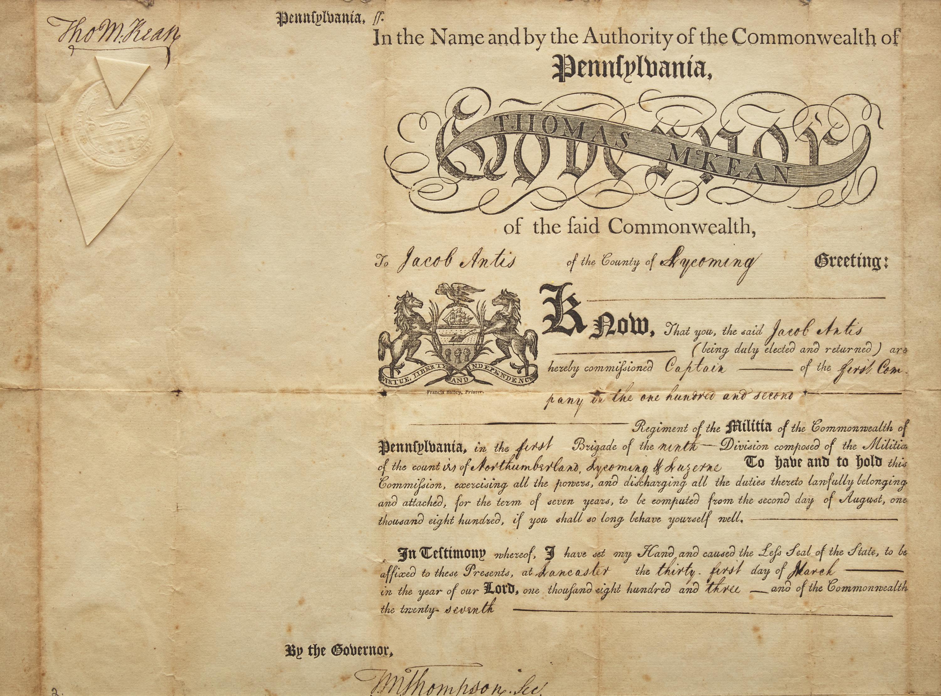 [Americana] [Declaration of Independence] McKean, Thomas. Group of 2 partially-printed documents, signed