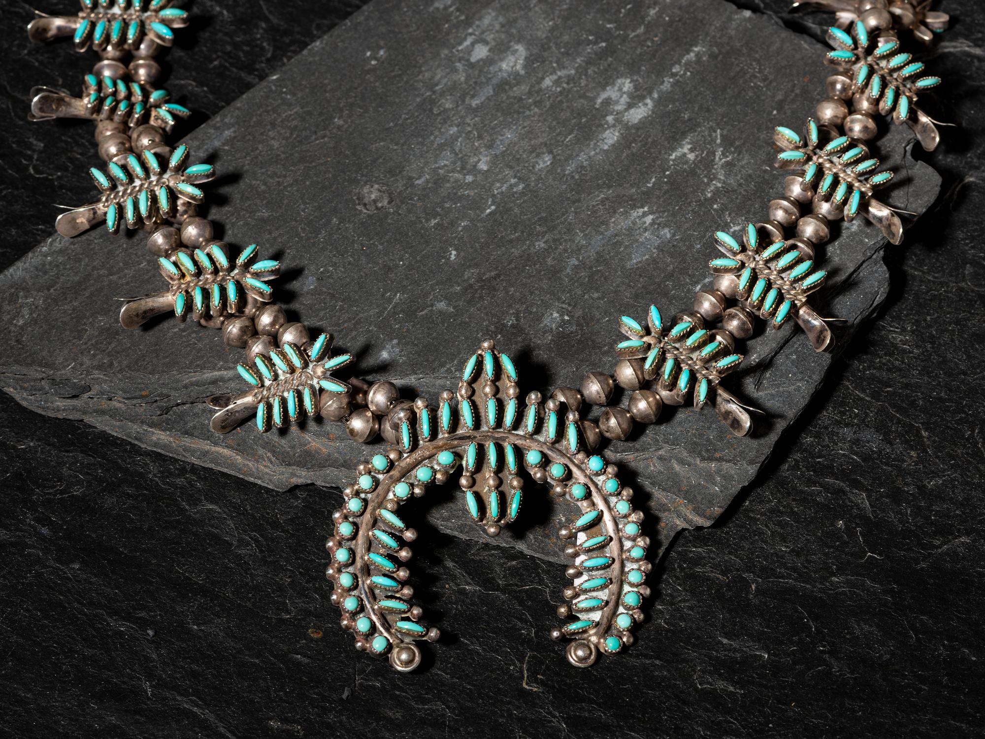 Zuni Silver and Petit Point Turquoise Cluster Squash Blossom Necklace