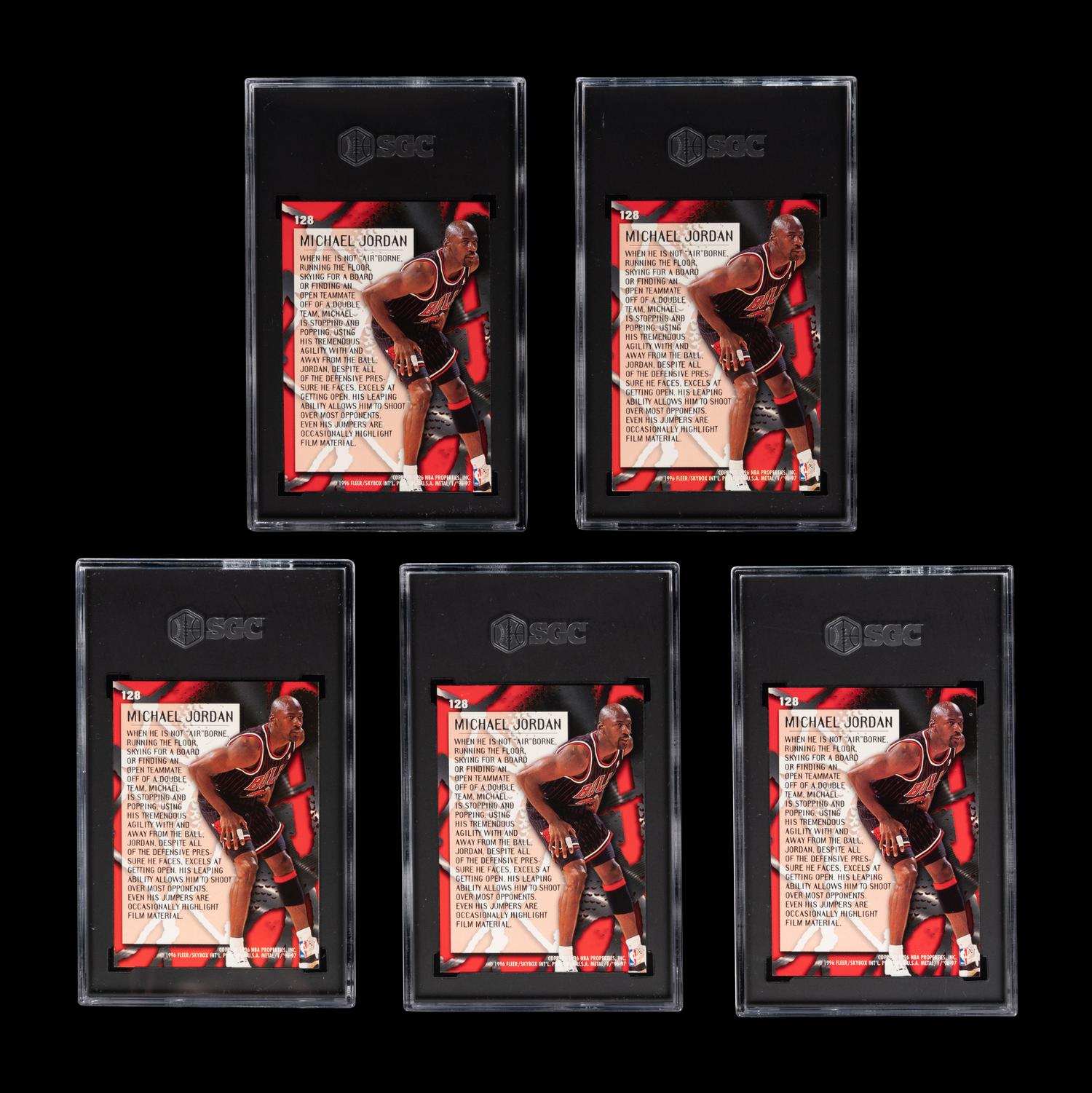 A Group of Five SGC Graded 1996-97 Fleer Metal Metallized Michael Jordan Basketball Cards No. 128,