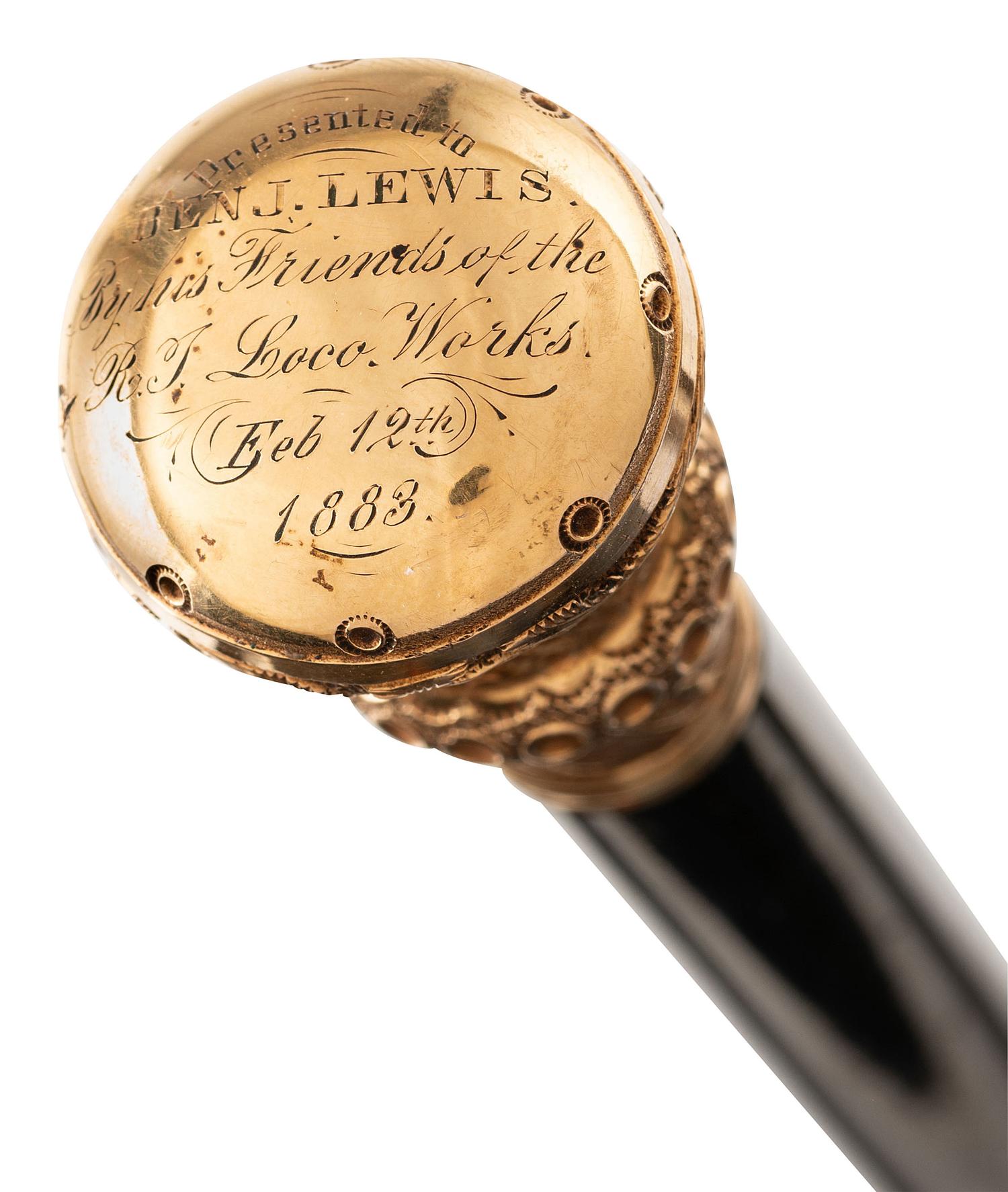 [TRANSPORTATION - RAILROAD]. Rhode Island Locomotive Works presentation walking stick with 18K gold knob.