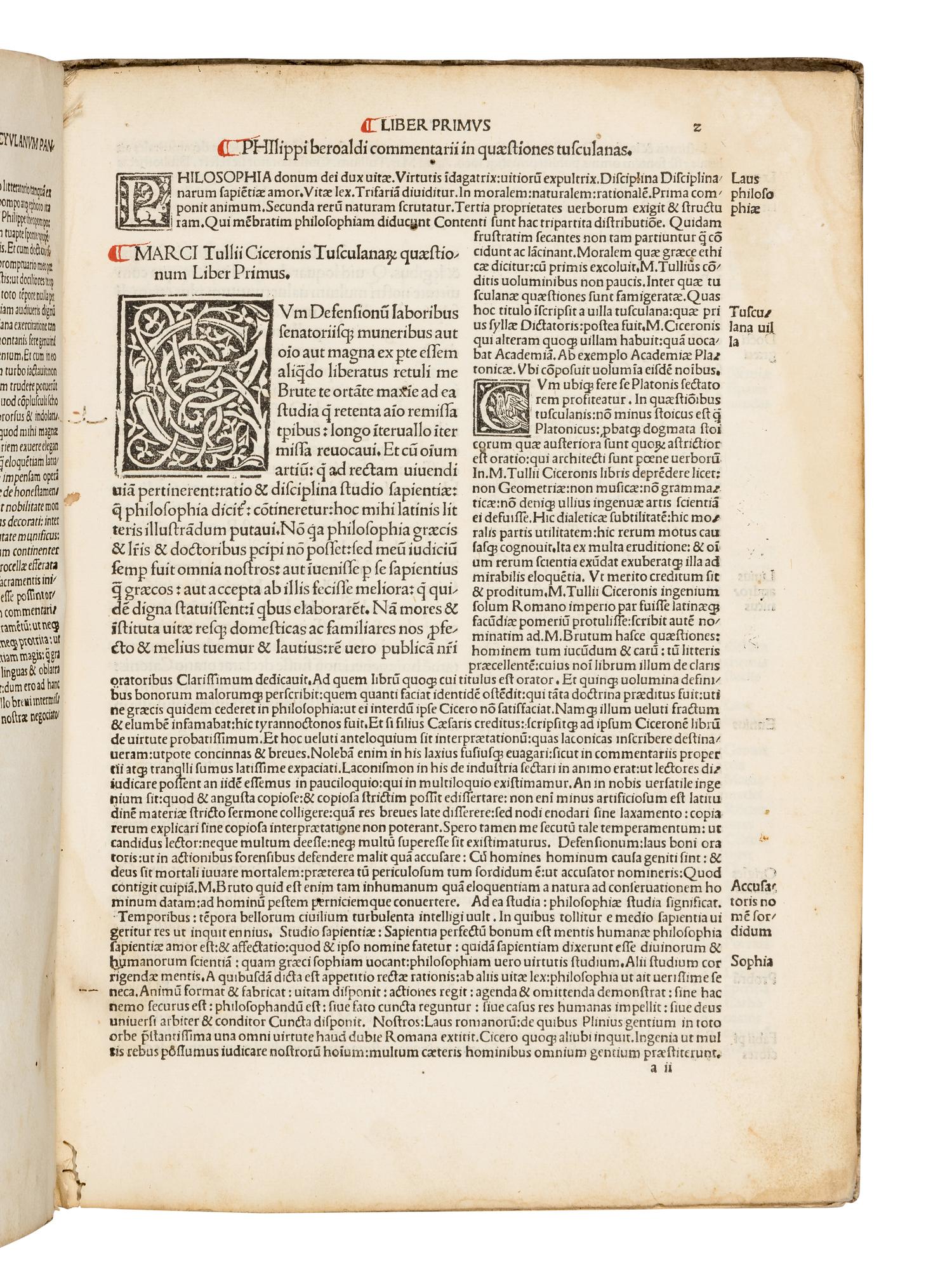 CICERO, Marcus Tullius (106-43 B.C.). Tusculanae disputationes . Commentary by Philippus Beroaldus. Venice: Bartholomaeus de Zanis, 17 July 1499.