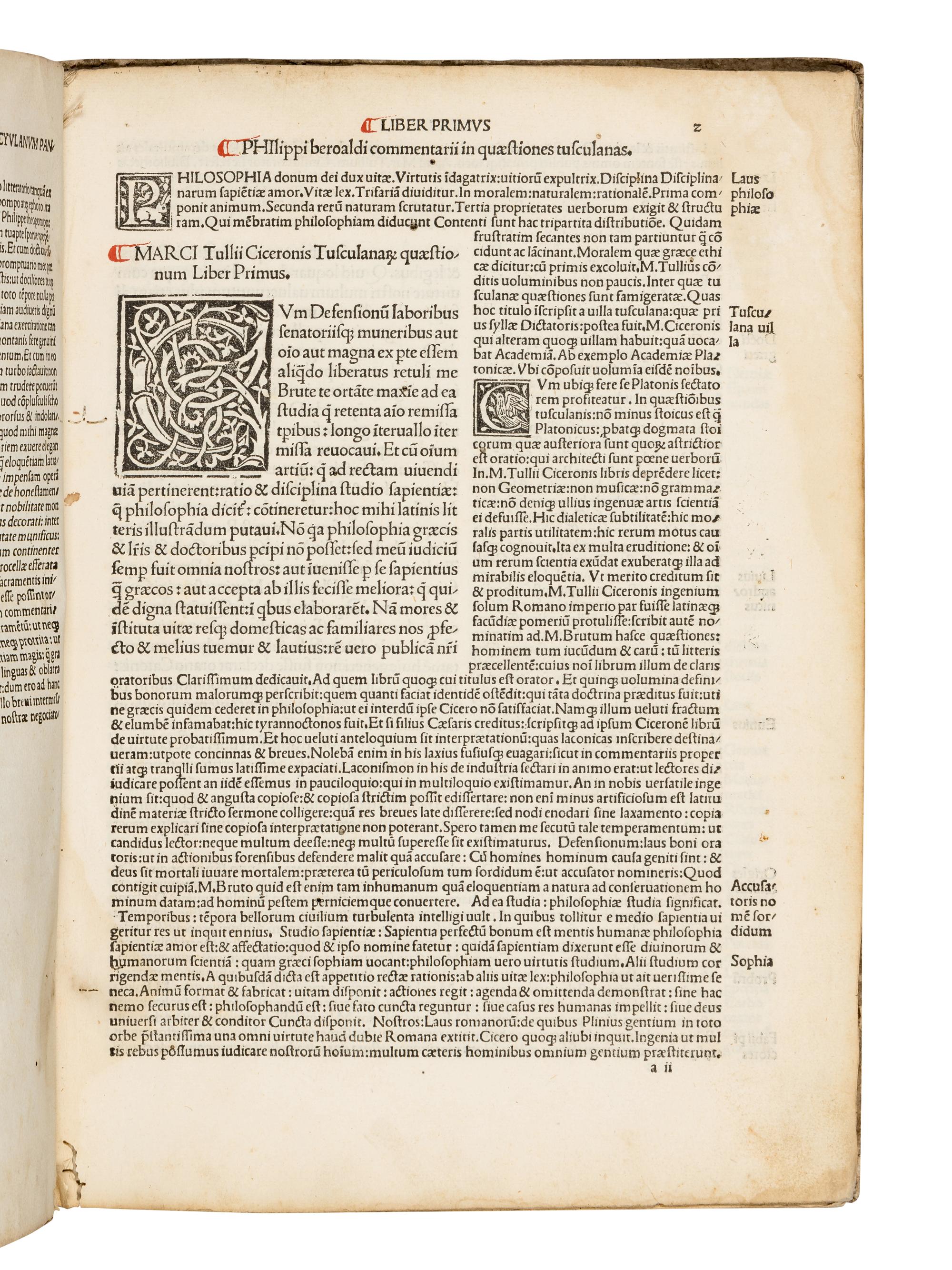 CICERO, Marcus Tullius (106-43 B.C.). Tusculanae disputationes . Commentary by Philippus Beroaldus. Venice: Bartholomaeus de Zanis, 17 July 1499.