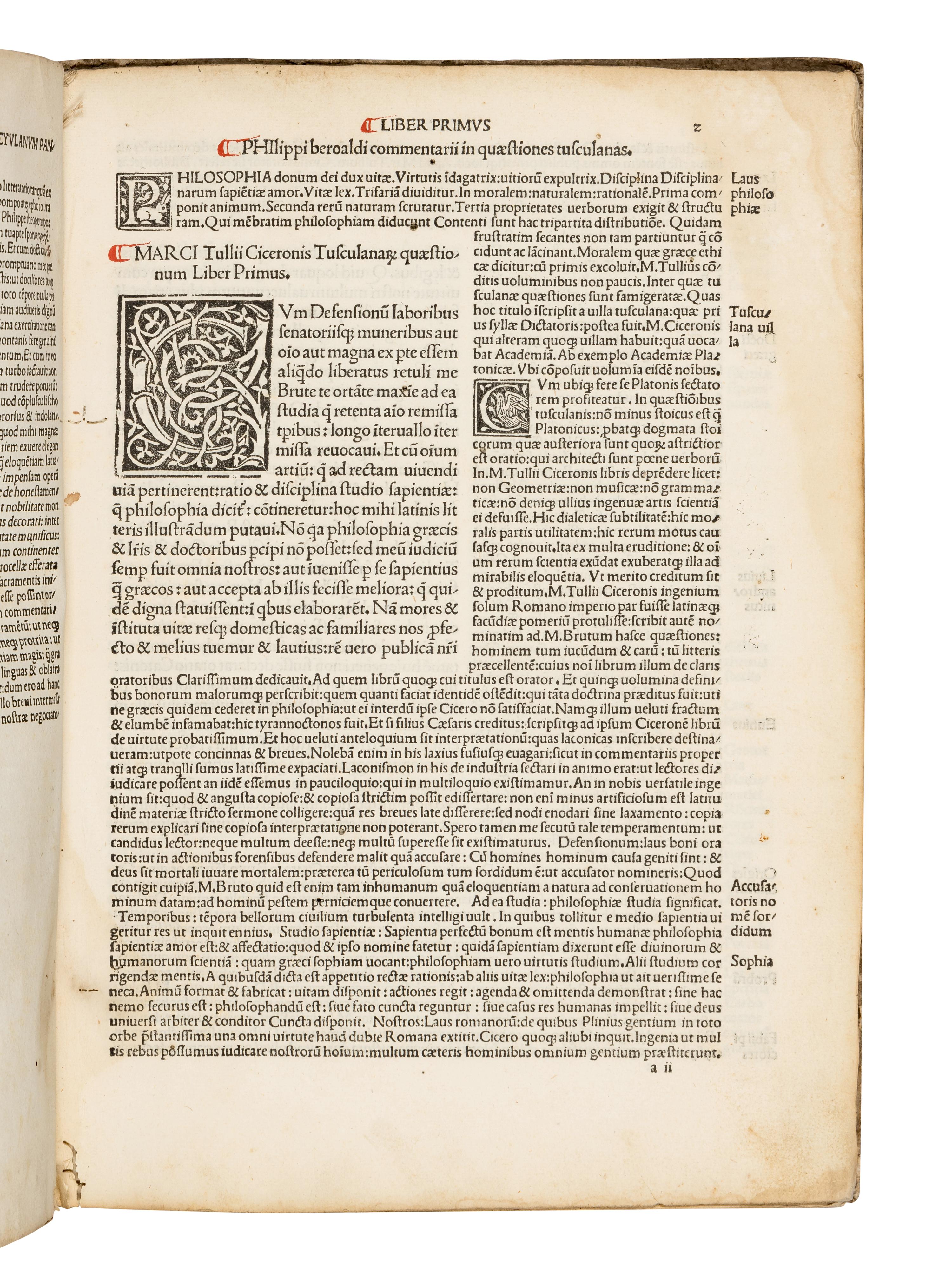 CICERO, Marcus Tullius (106-43 B.C.). Tusculanae disputationes . Commentary by Philippus Beroaldus. Venice: Bartholomaeus de Zanis, 17 July 1499.