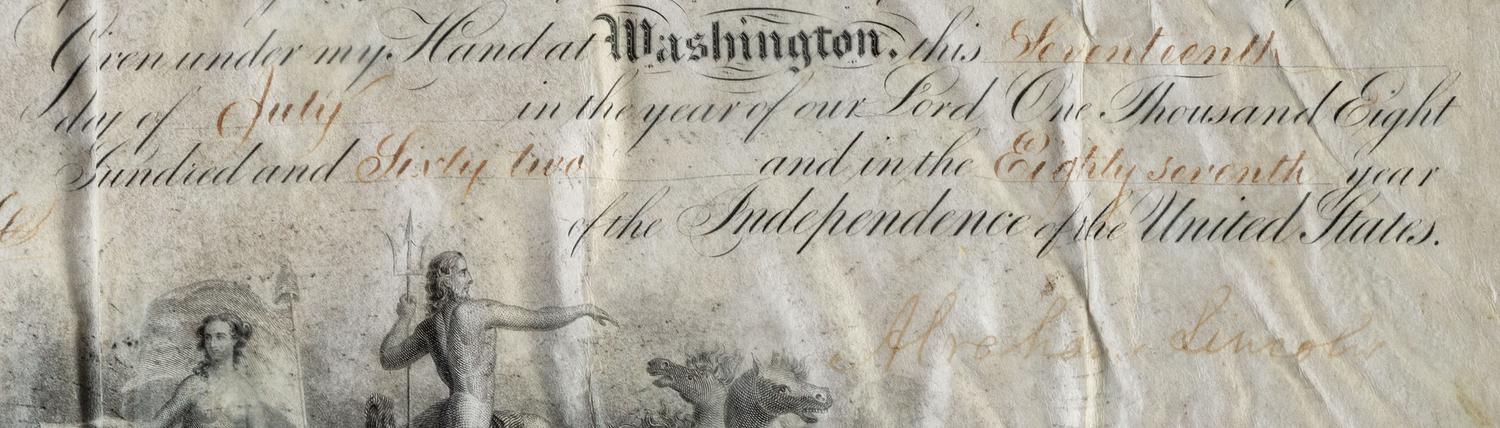 [CIVIL WAR]. LINCOLN, Abraham (1809-1865). Naval appointment signed ("Abraham Lincoln") as President. 17 July 1862. Countersigned by Gideon Welles.