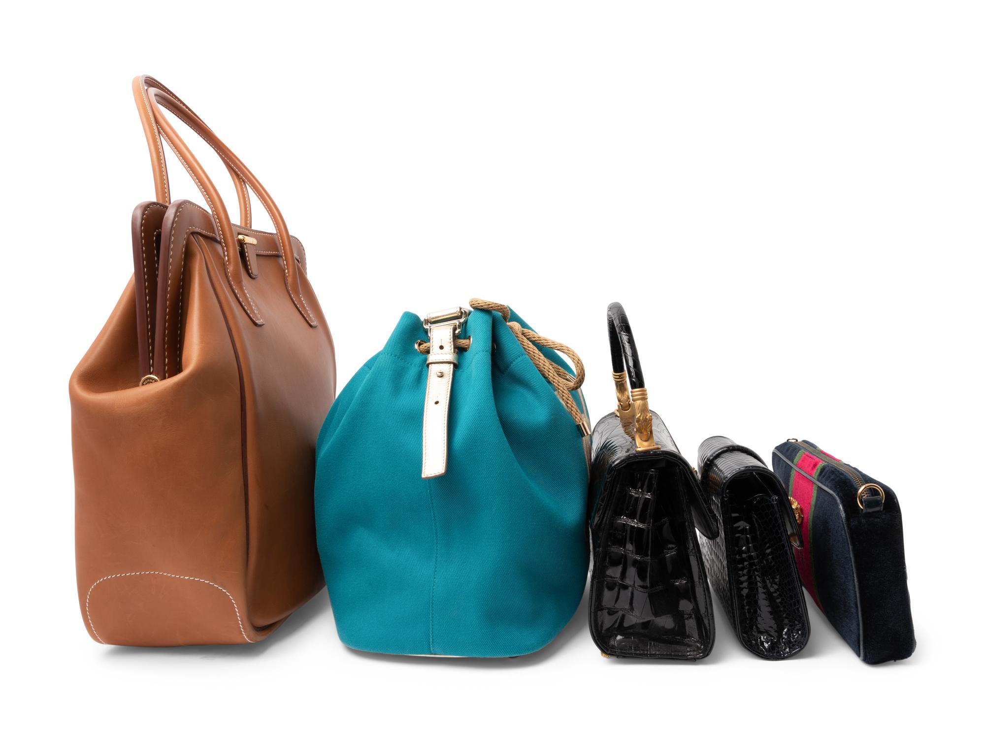 Five Designer Handbags: One Roberta di Camerino, One YSL, One Hermes, and Two Unlabeled Exotic Skin Bags
