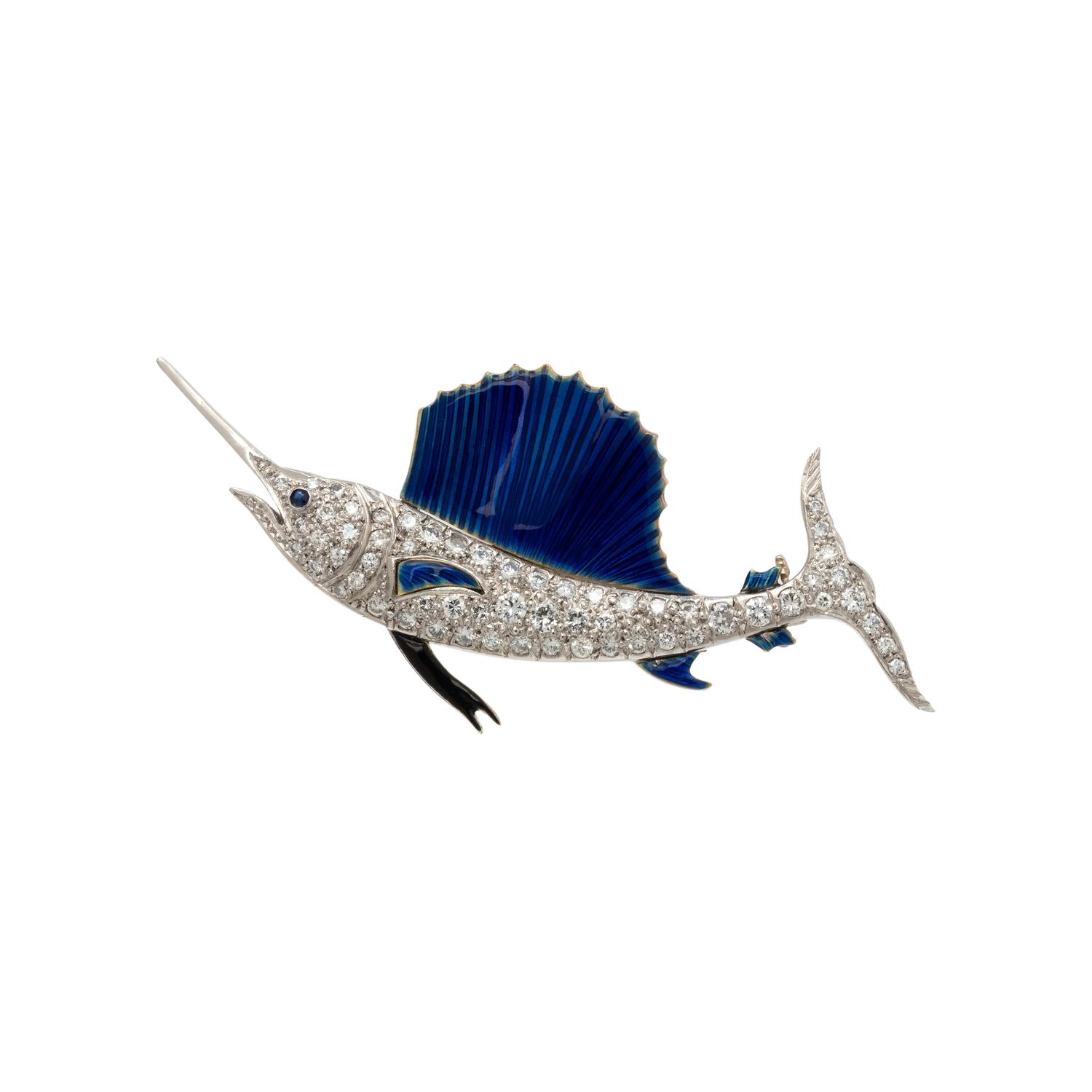DIAMOND AND ENAMEL SAILFISH BROOCH