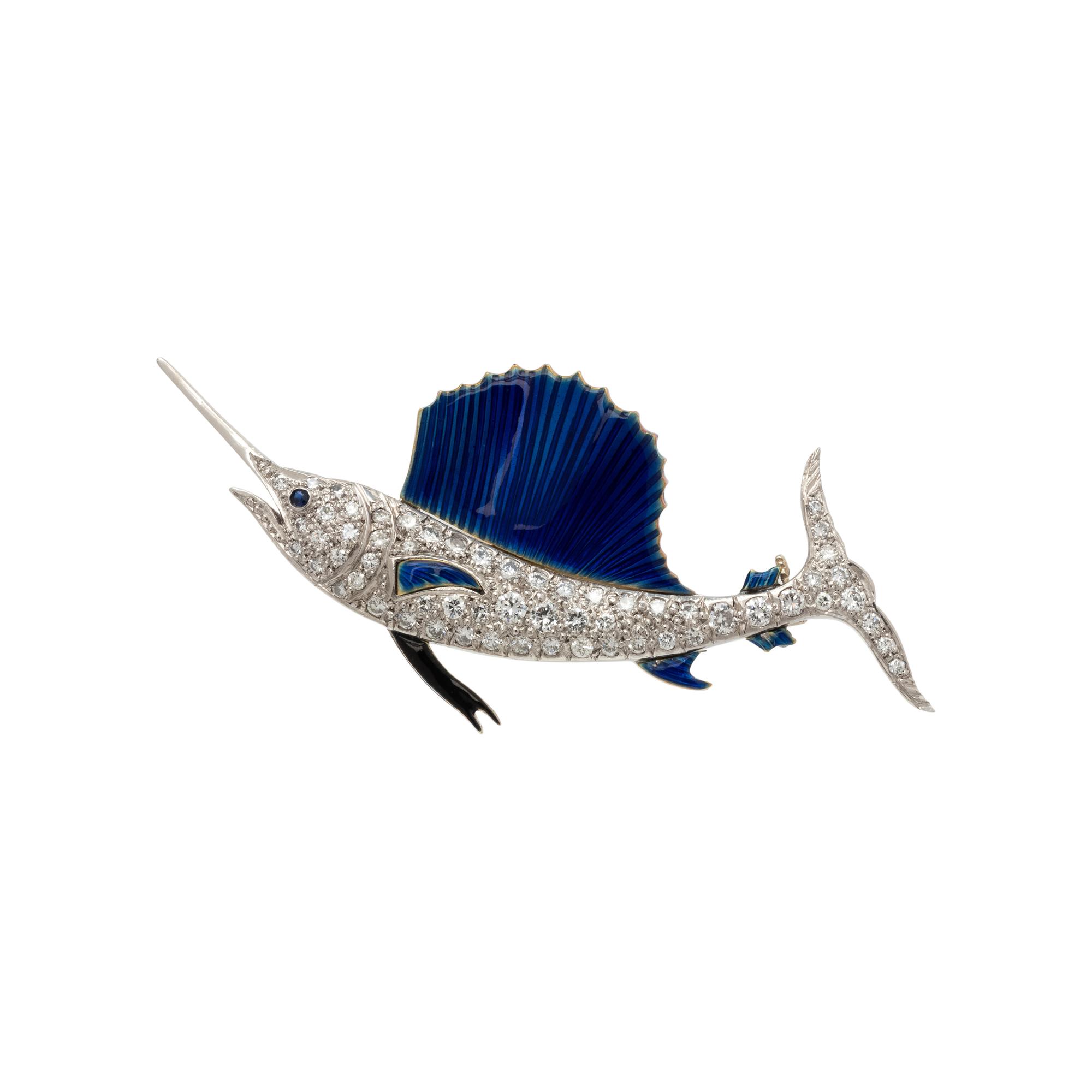 DIAMOND AND ENAMEL SAILFISH BROOCH
