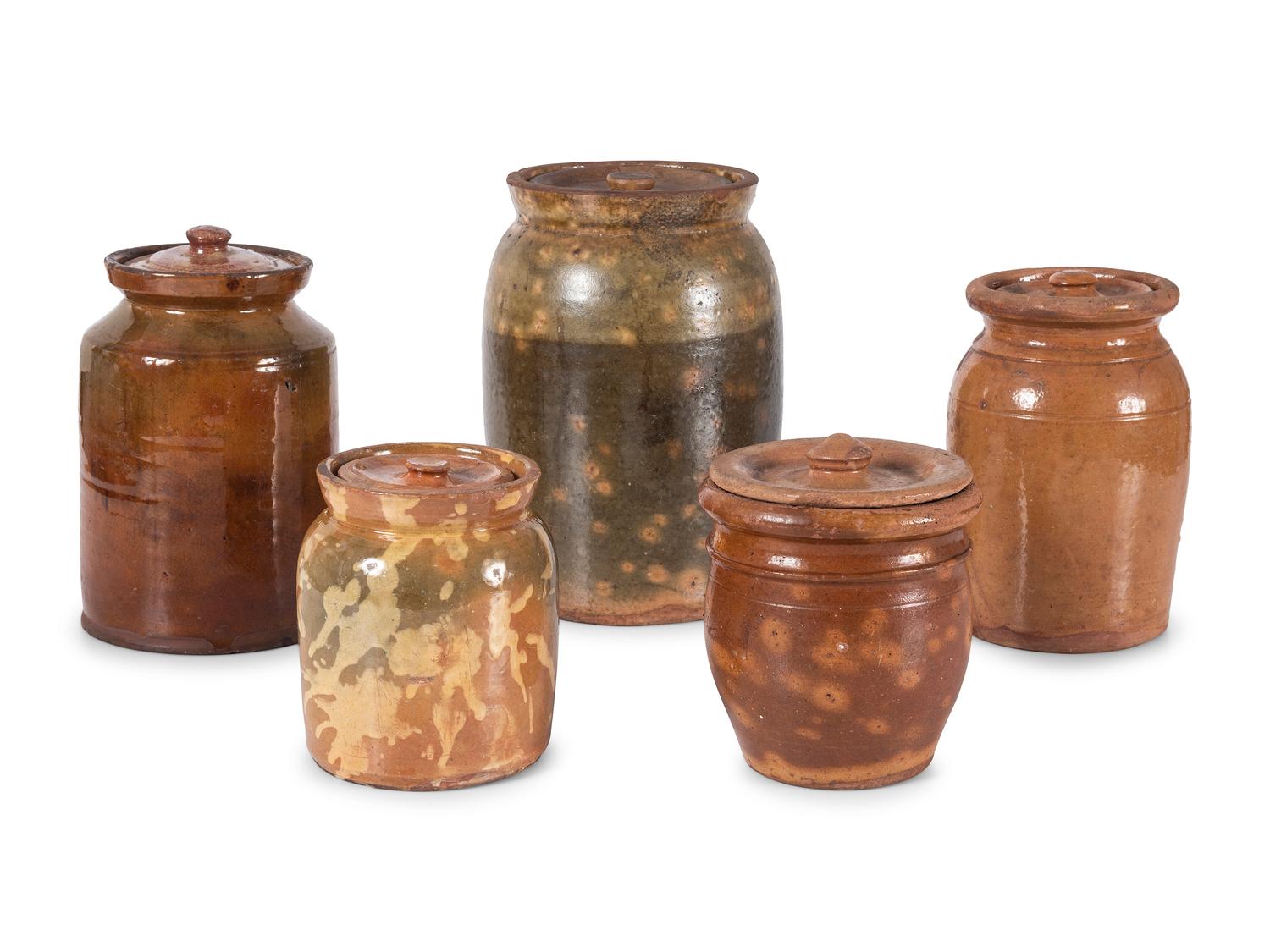 Five Galena Glaze Redware Lidded Crocks