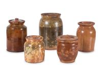 Five Galena Glaze Redware Lidded Crocks
