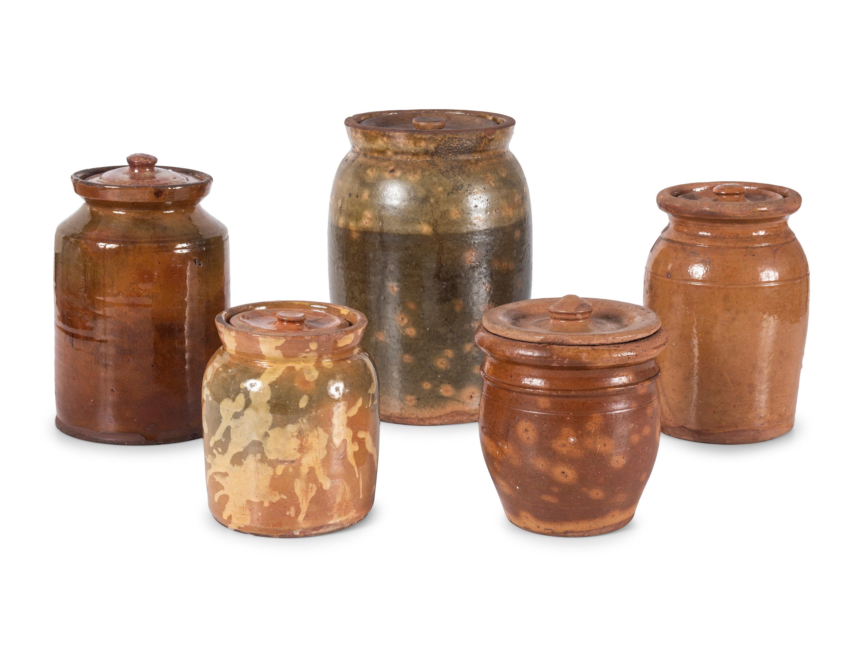 Five Galena Glaze Redware Lidded Crocks