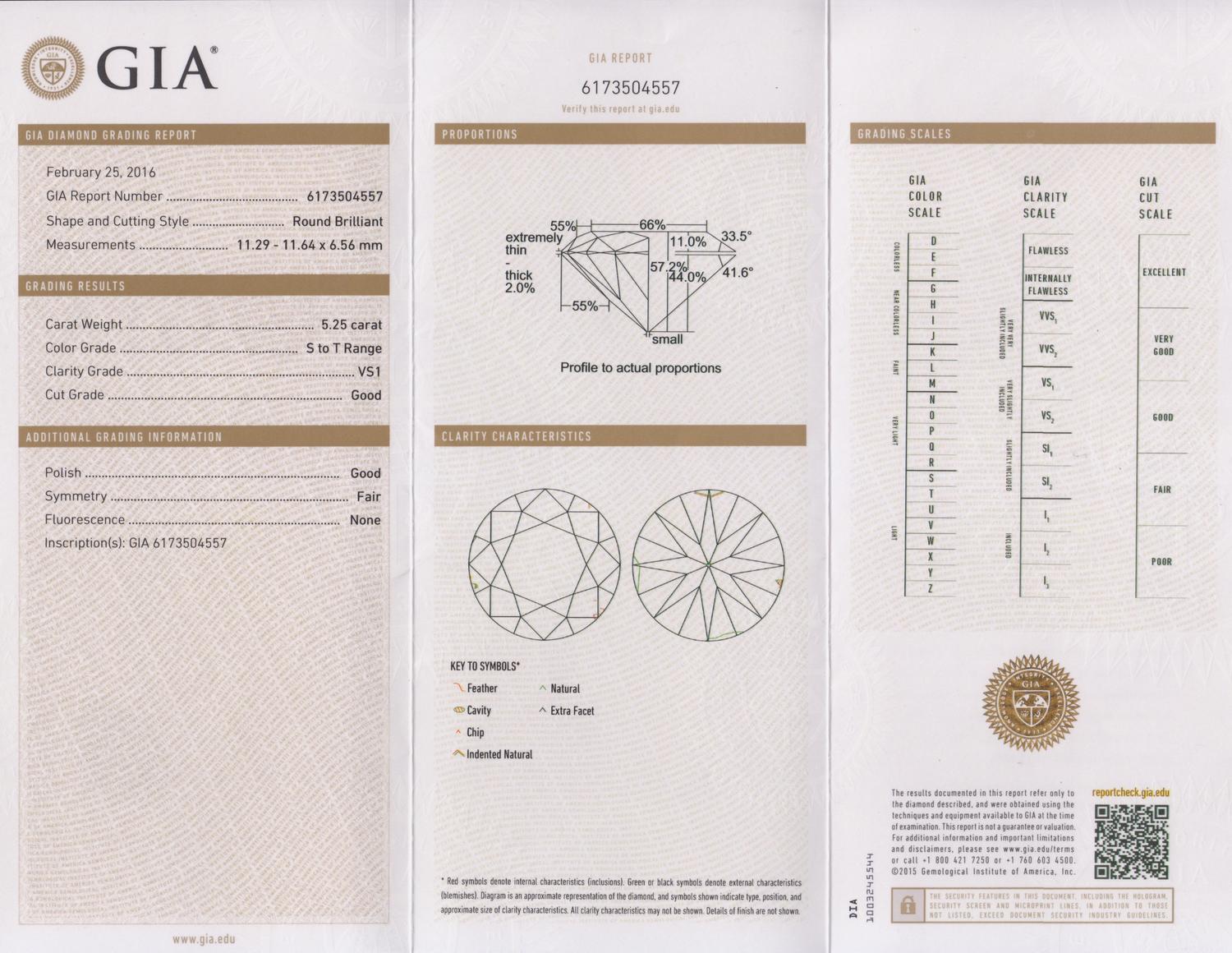 A 5.25 Carat Round Brilliant Cut Diamond,