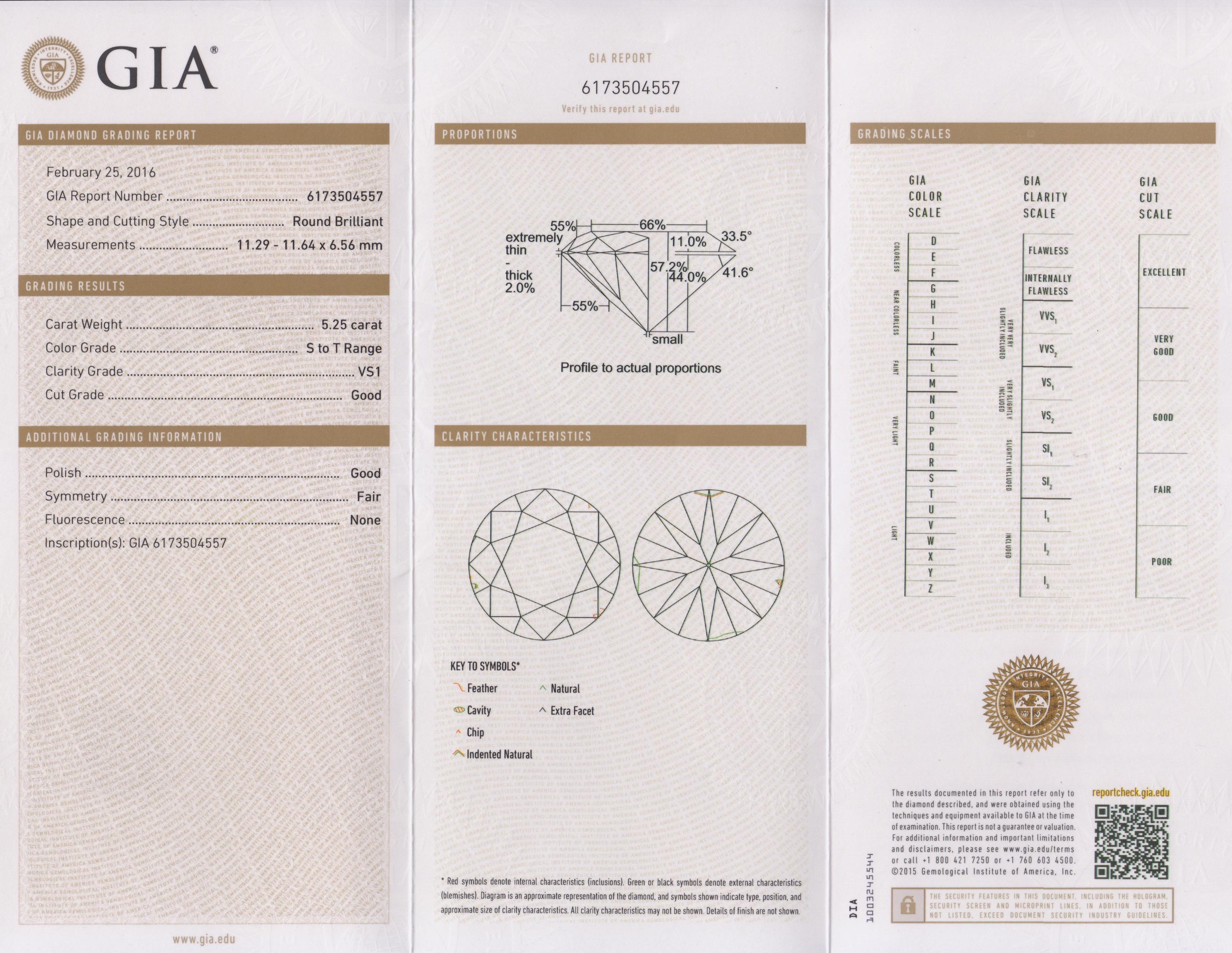 A 5.25 Carat Round Brilliant Cut Diamond,