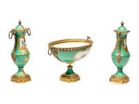 A Gilt Metal Mounted Sèvres Style Porcelain Three-Piece Garniture