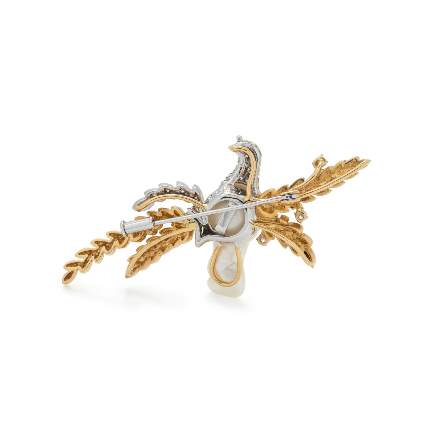 CULTURED BAROQUE PEARL AND DIAMOND DOVE BROOCH