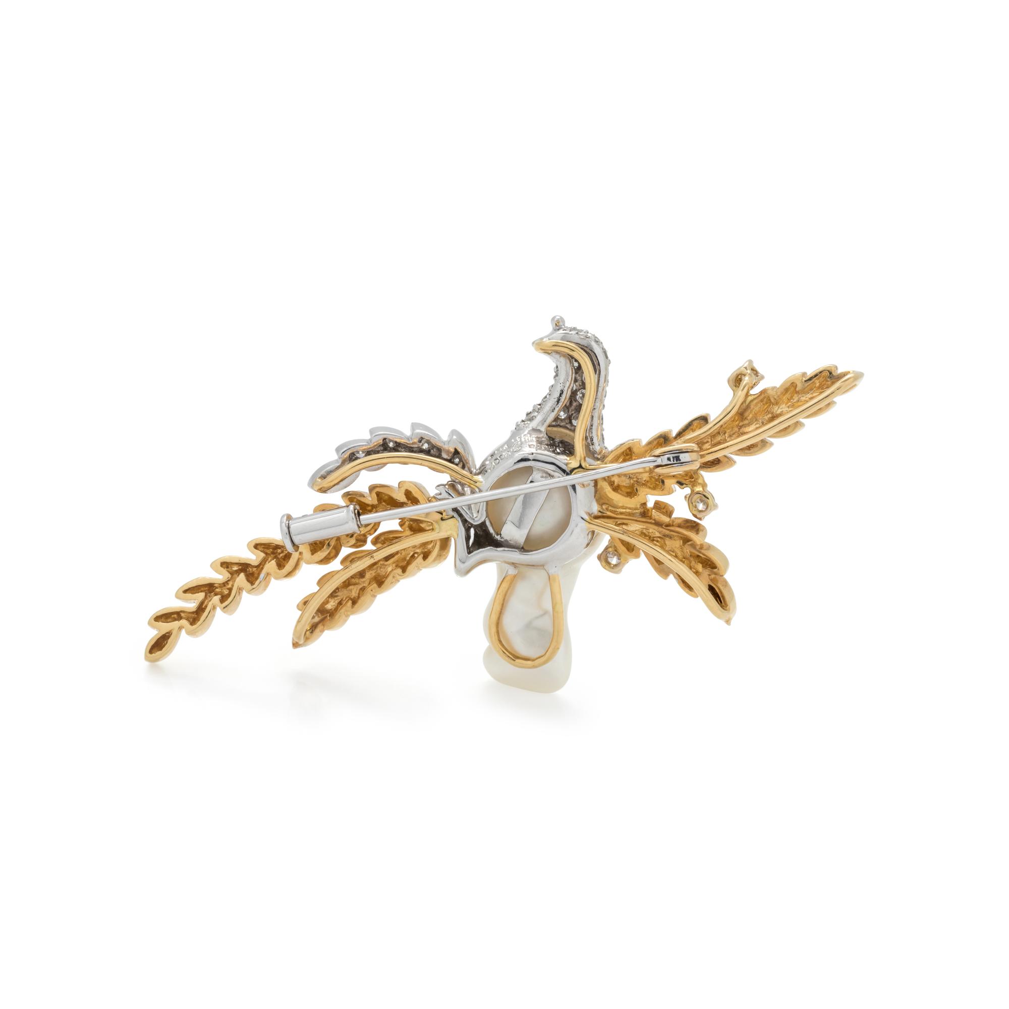 CULTURED BAROQUE PEARL AND DIAMOND DOVE BROOCH