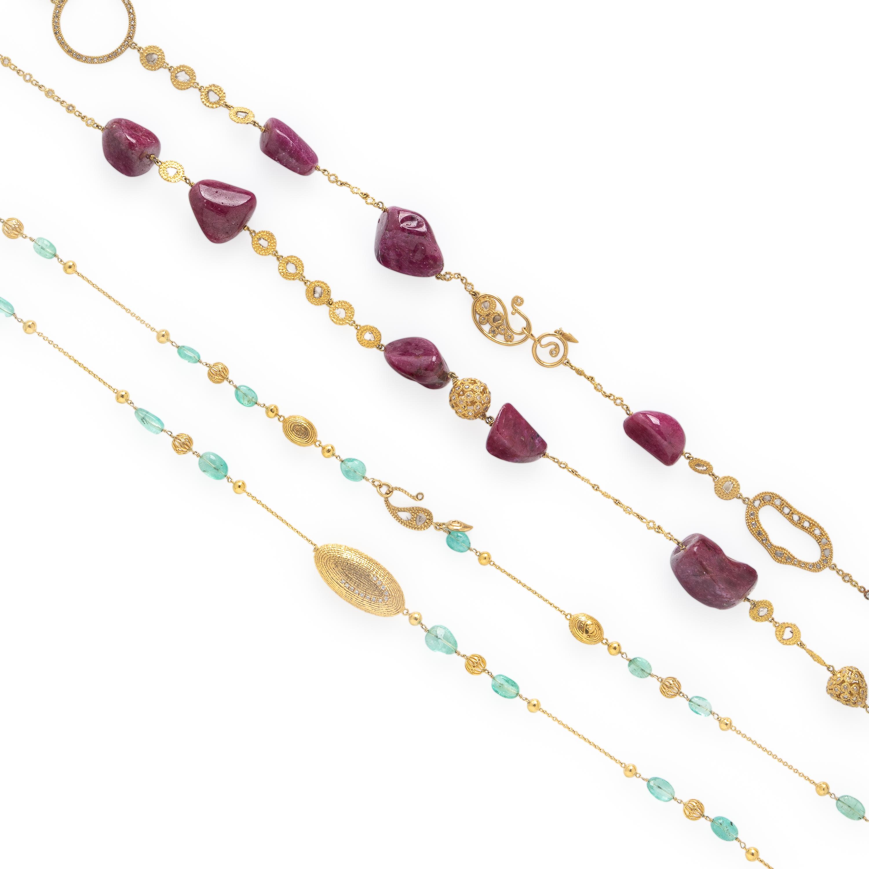 Coomi, Two High Karat Yellow Gold, Multigem, and Diamond Bead Necklaces