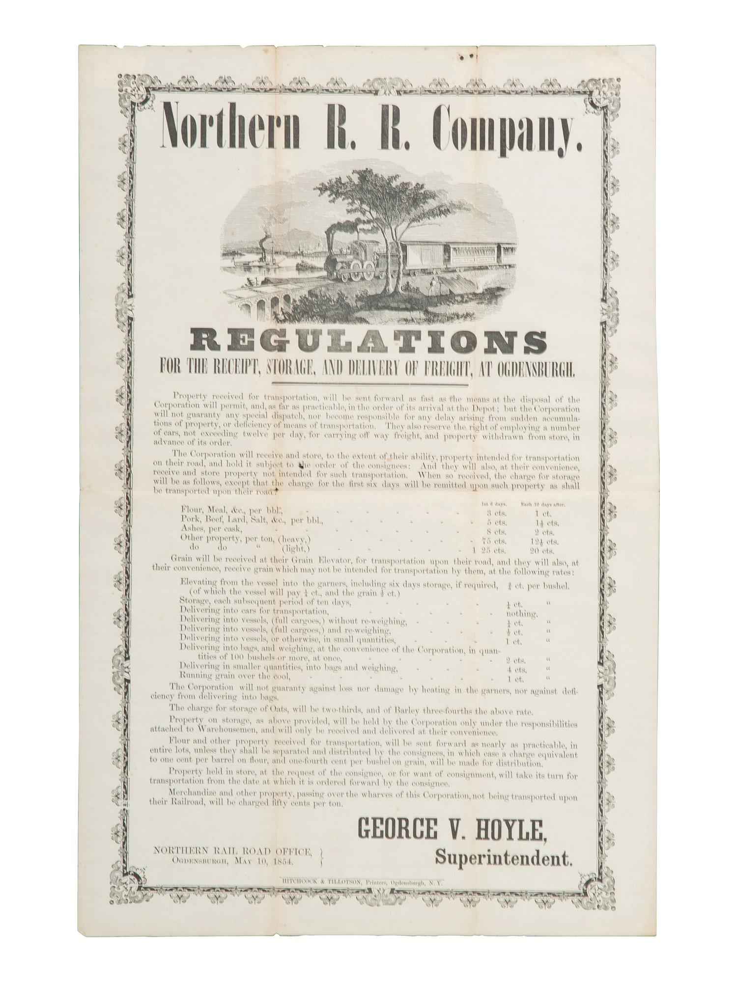 [TRANSPORTATION]. Northern R.R. Co. Regulations For the Receipt...and Delivery of Freight , 1854.