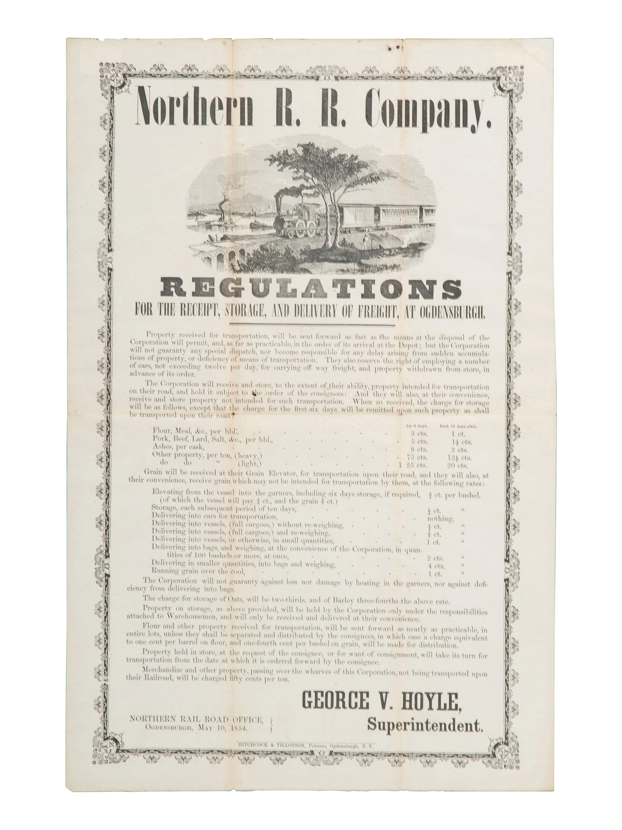 [TRANSPORTATION]. Northern R.R. Co. Regulations For the Receipt...and Delivery of Freight , 1854.