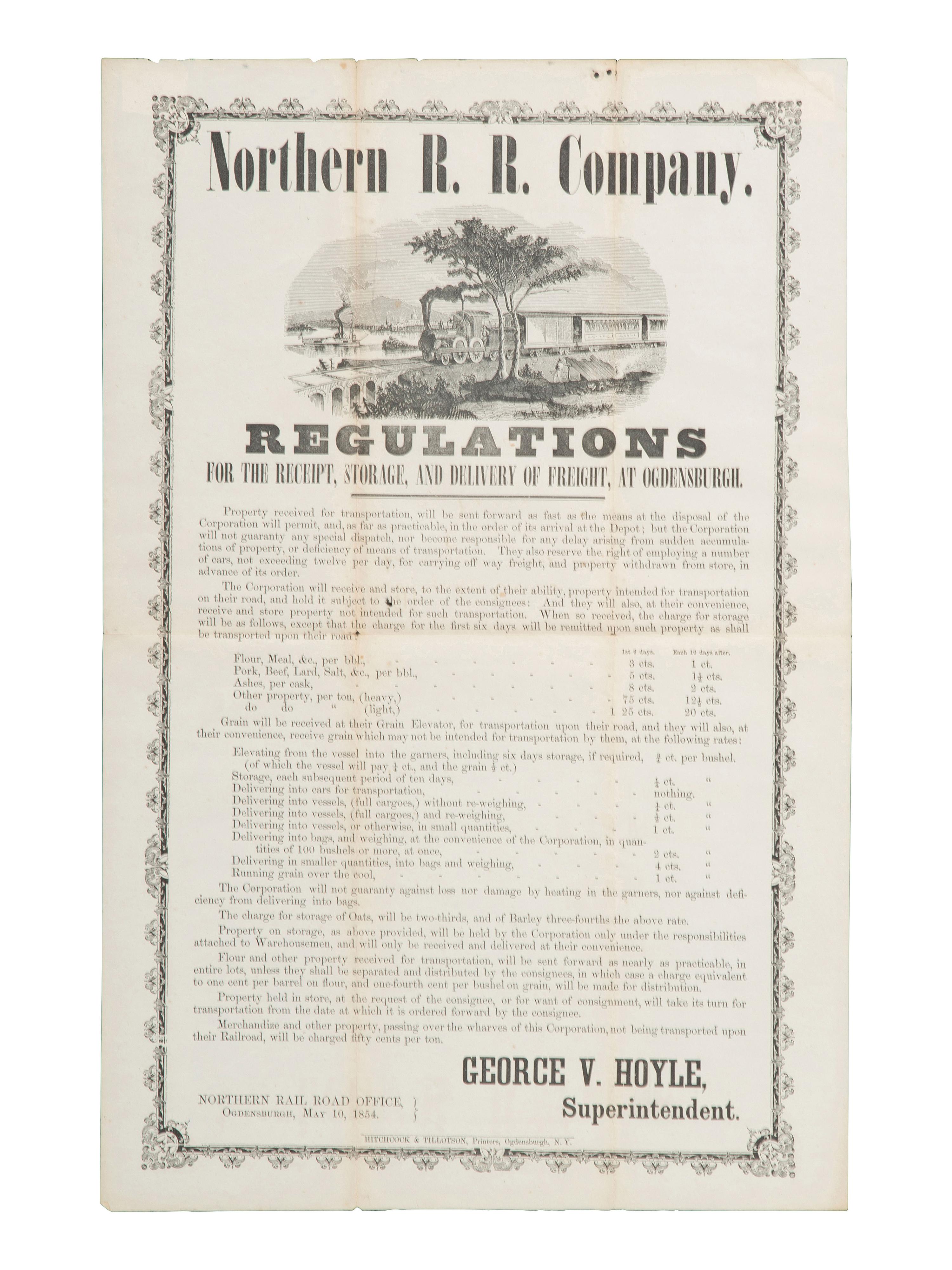 [TRANSPORTATION]. Northern R.R. Co. Regulations For the Receipt...and Delivery of Freight , 1854.