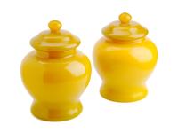 A Pair of Chinese Yellow Peking Glass Covered Jars Height 8 1/2 inches.