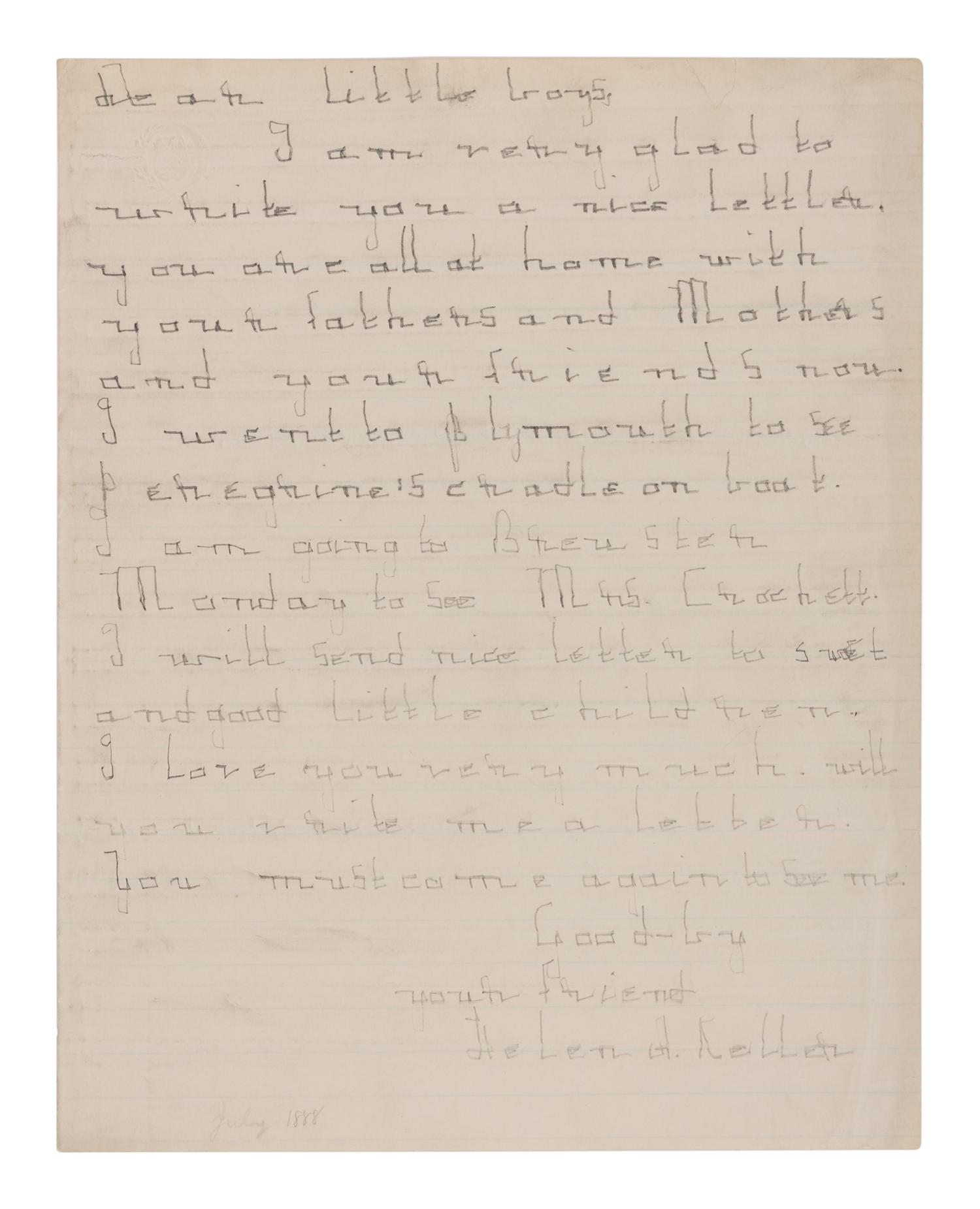 KELLER, Helen Adams (1880-1968). Autograph letter signed ("Helen A. Keller") to unidentified "dear little boys." N.p., July 1888.