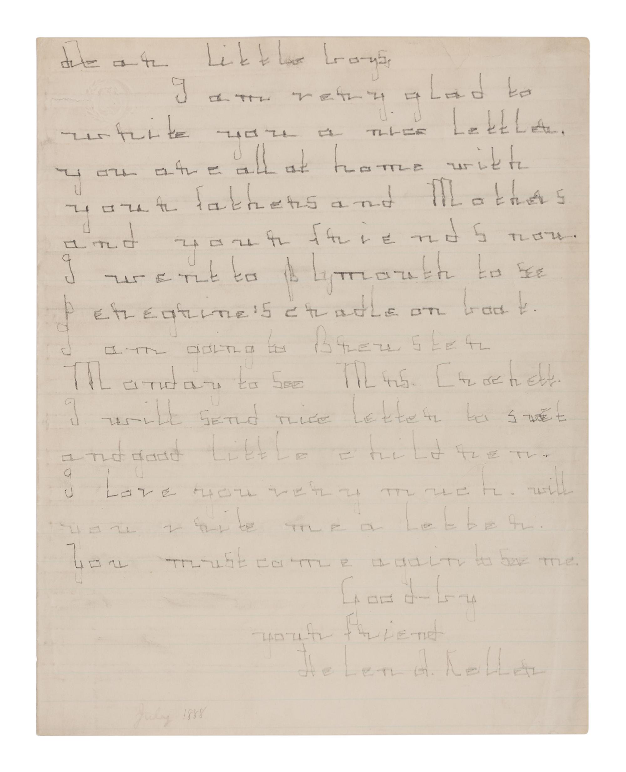 KELLER, Helen Adams (1880-1968). Autograph letter signed ("Helen A. Keller") to unidentified "dear little boys." N.p., July 1888.