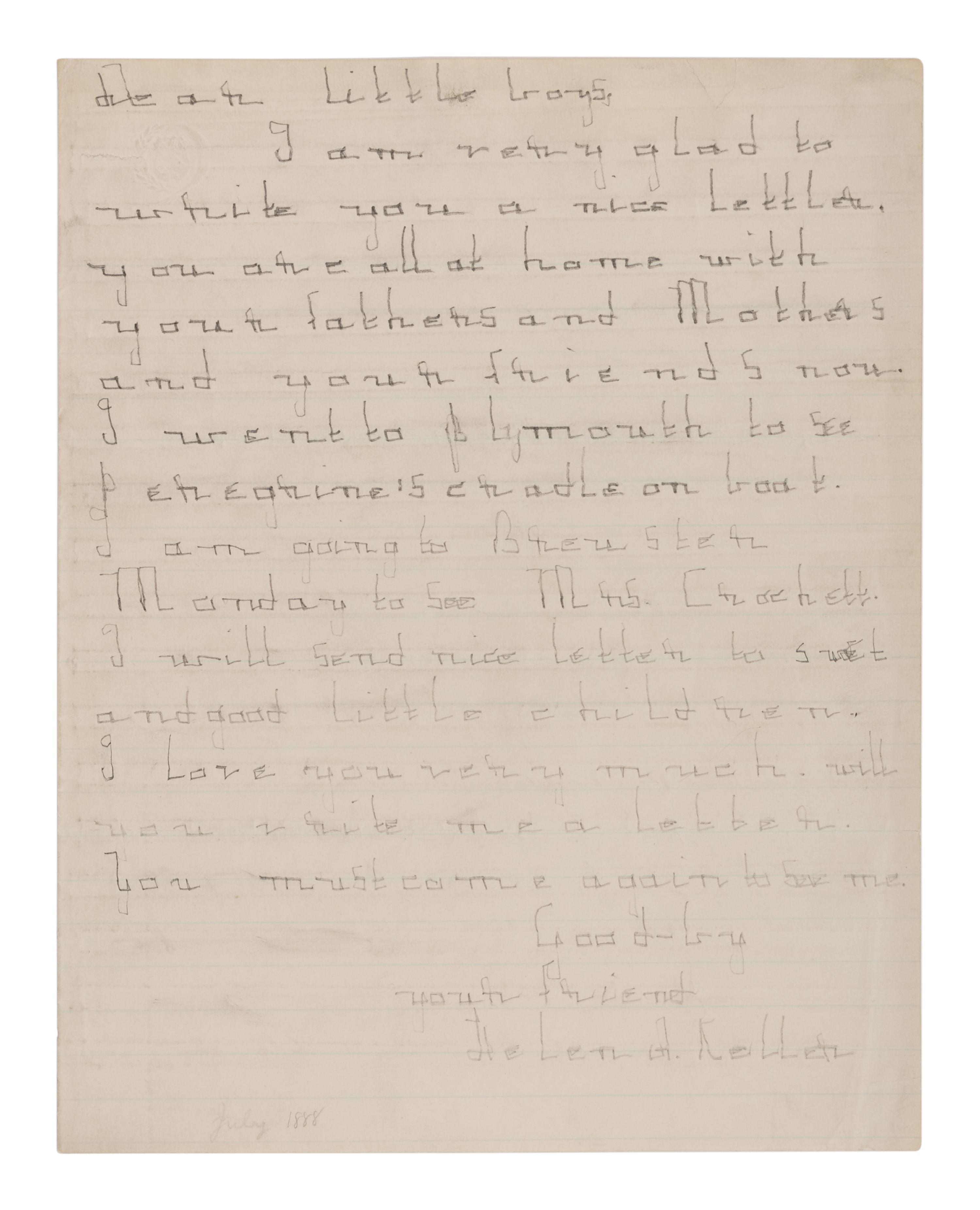 KELLER, Helen Adams (1880-1968). Autograph letter signed ("Helen A. Keller") to unidentified "dear little boys." N.p., July 1888.