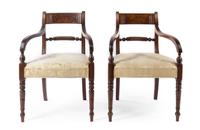 A Pair of Sheraton Brass-Banded Mahogany Armchairs Height 31 1/2 inches. — EARLY 19TH CENTURY