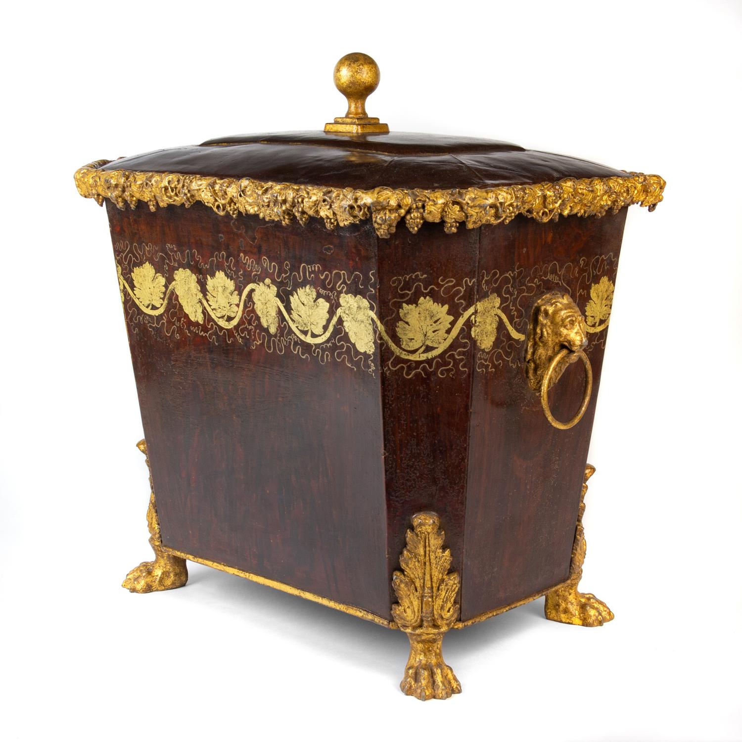 An English Gilt Bronze Mounted Tole Coal Hod Height 24 1/2 x width 24 1/8 x depth 17 inches. — LATE 19TH CENTURY