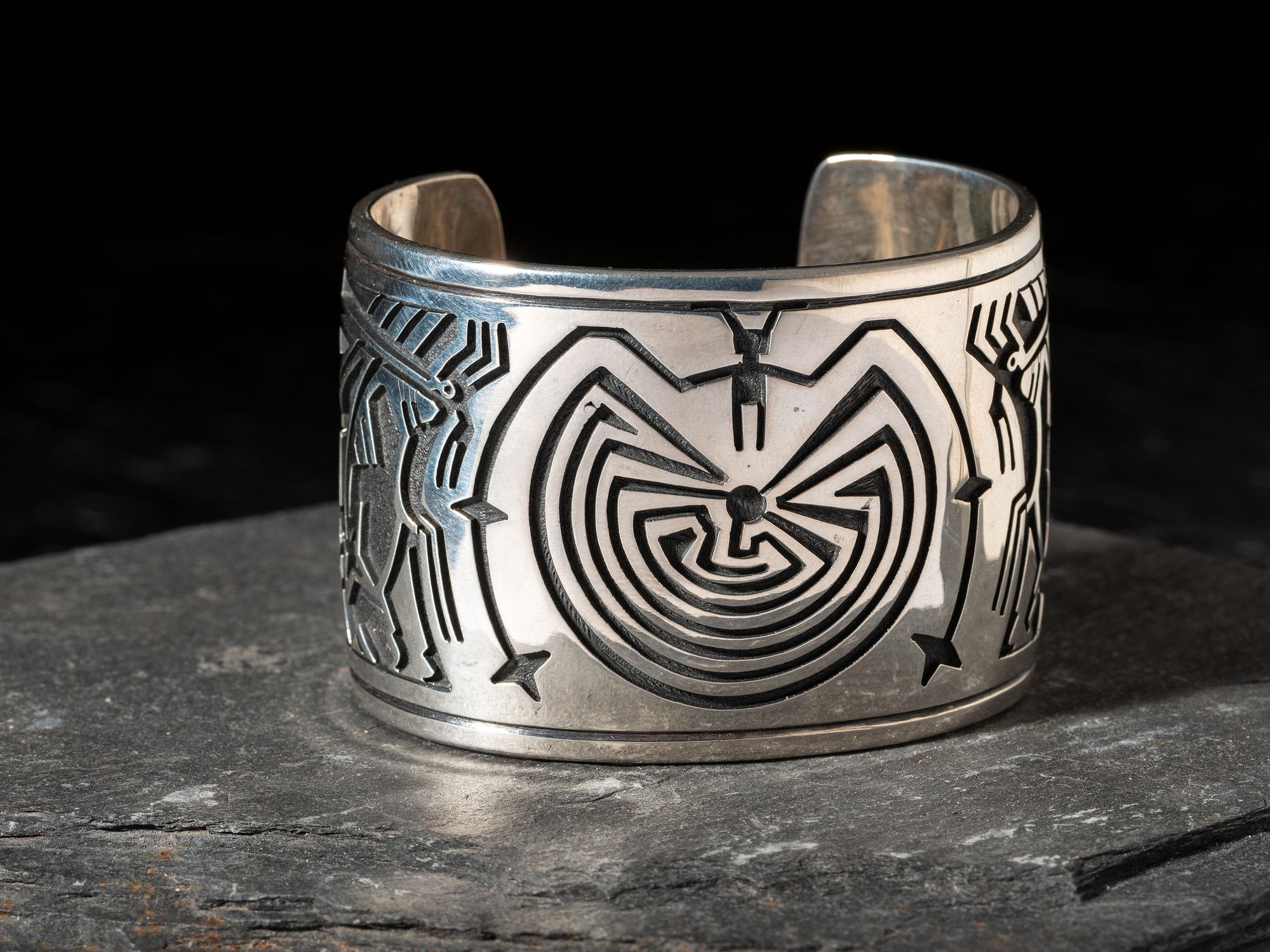 Silver Overlay Man-in-the-Maze and Star Cuff Bracelet