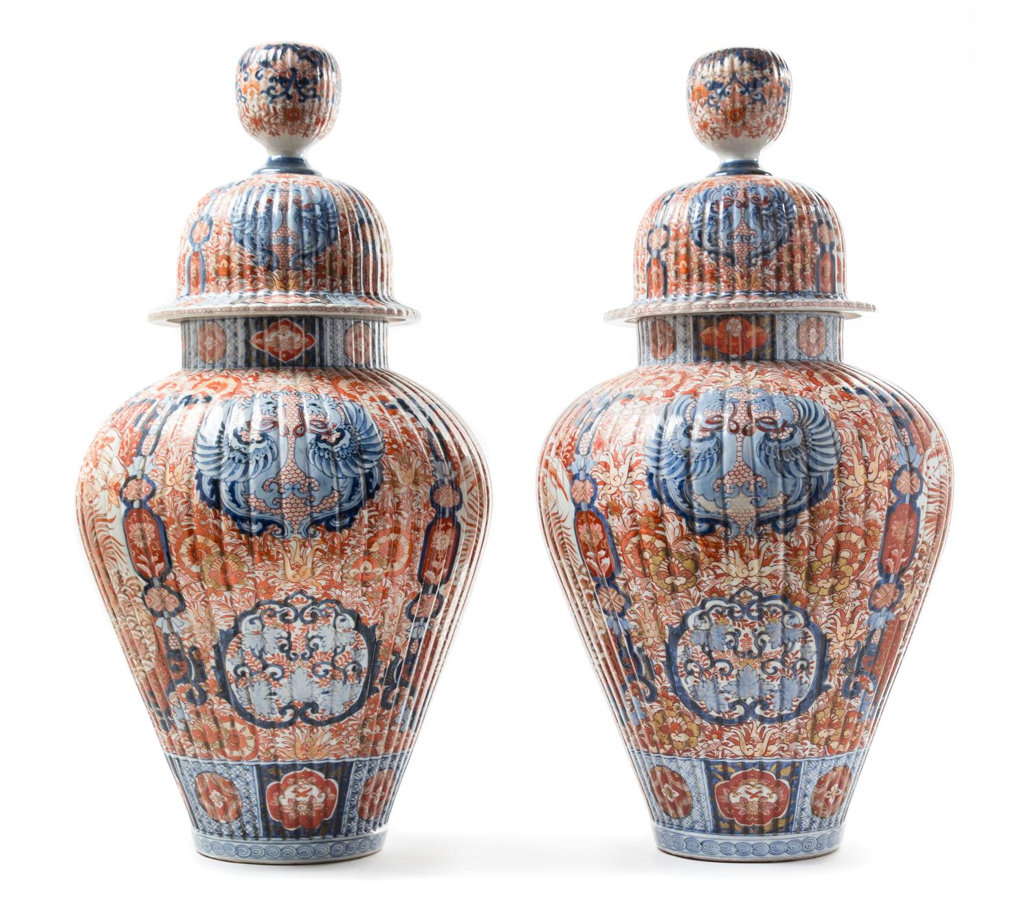A Pair of Large Imari Palette Porcelain Jars Height 30 inches. — LATE 19TH CENTURY