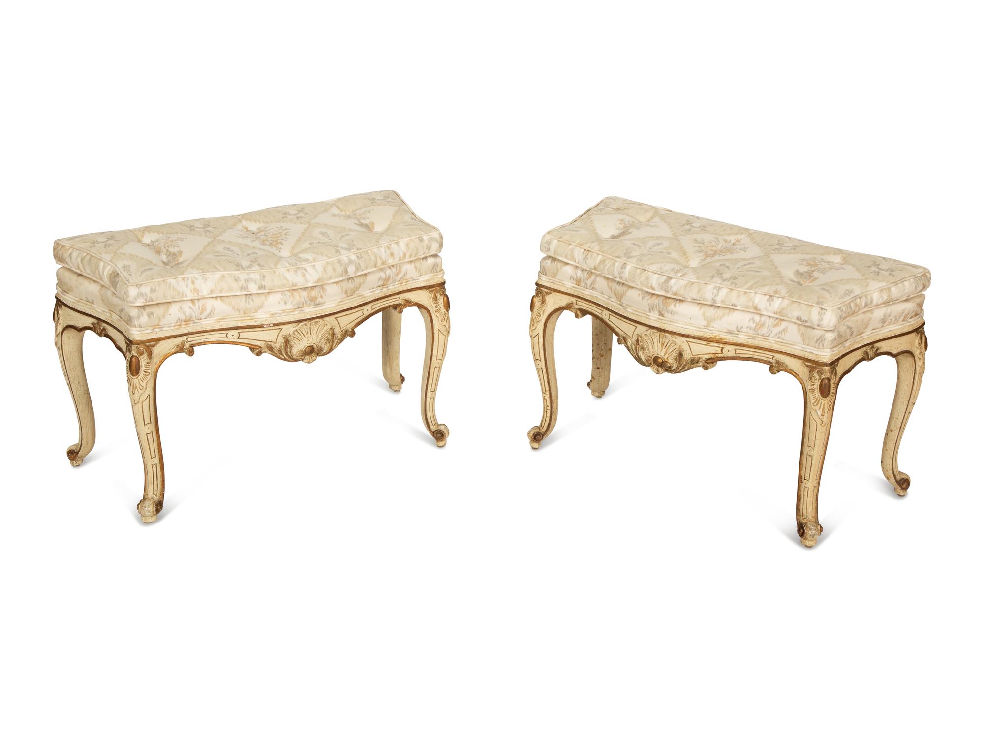 A Pair of Louis XV Style White Painted Parcel Gilt Taborets
