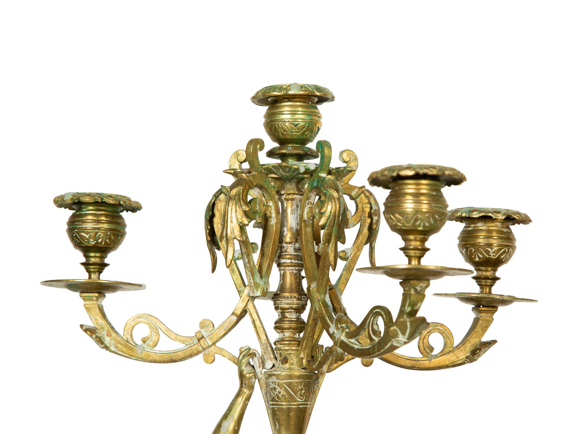 A Pair of French Gilt Bronze and Marble Six-Light Candelabra