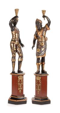 A Pair of Venetian Painted and Parcel Gilt Figural Torcheres Height 81 1/2 inches.