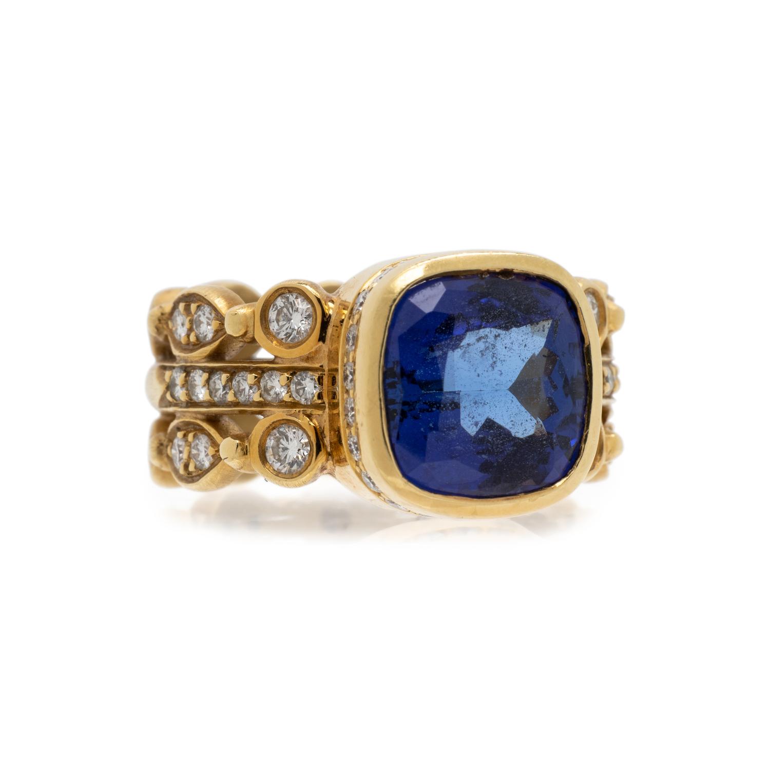 DORIS PANOS YELLOW GOLD, TANZANITE AND DIAMOND RING