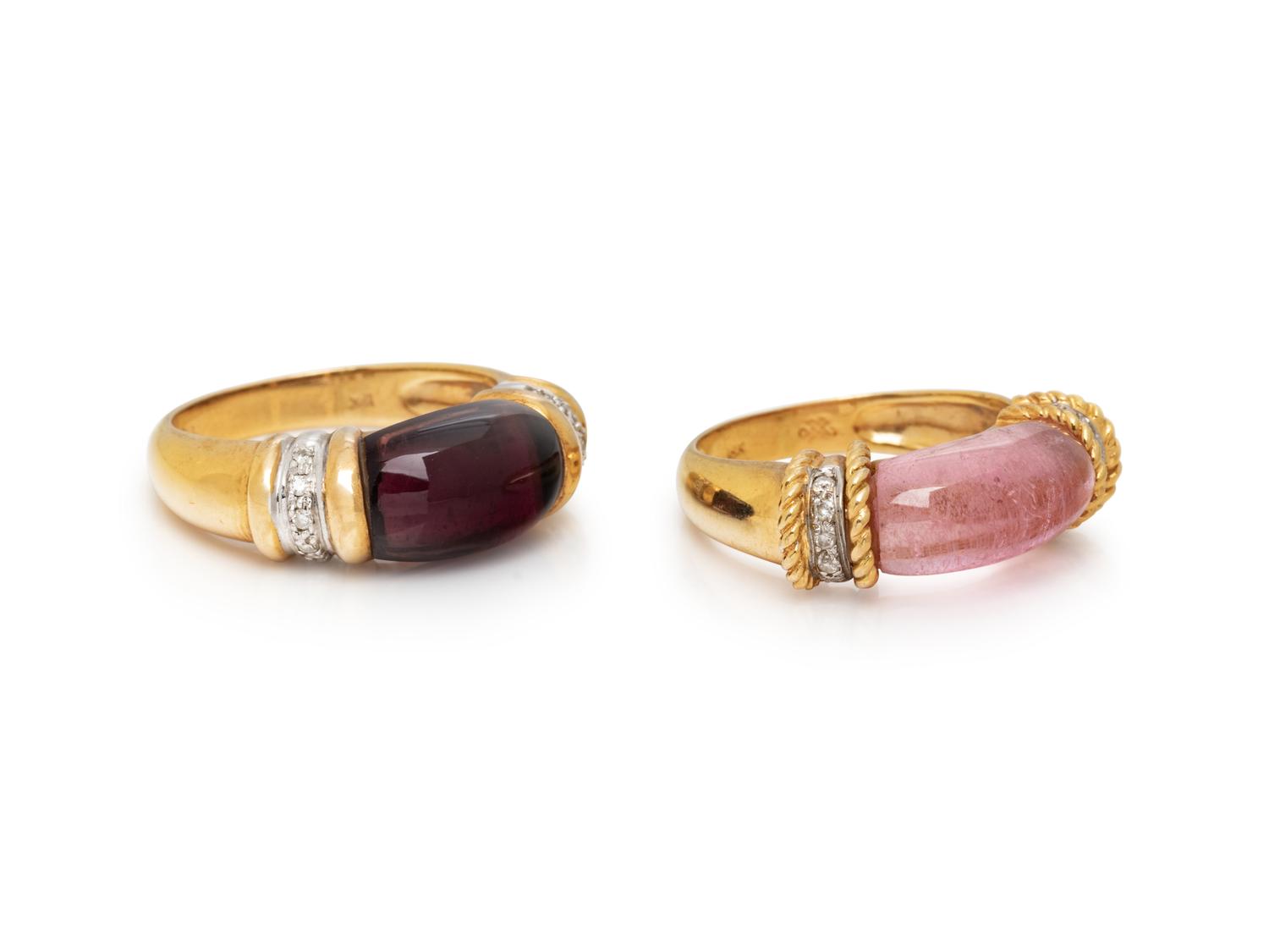 PAIR OF YELLOW GOLD AND MULTIGEM RINGS