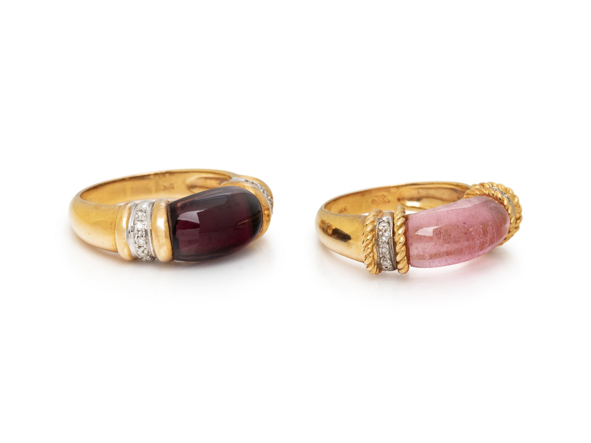 PAIR OF YELLOW GOLD AND MULTIGEM RINGS